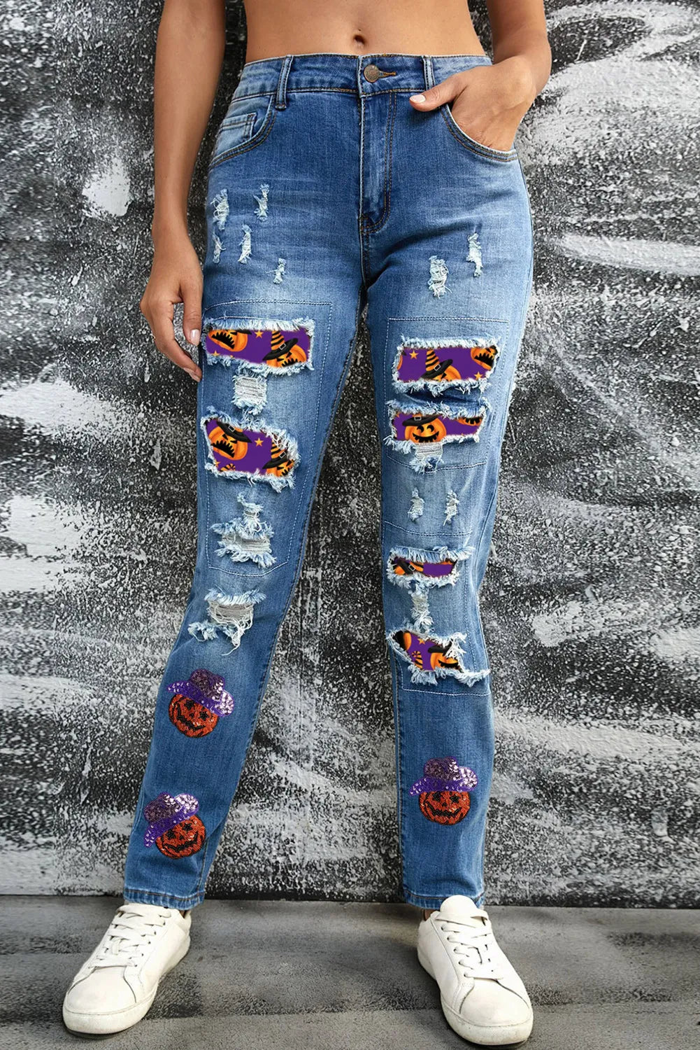 Distressed Sequin Pumpkin Jeans – Trendsi | ClozArt