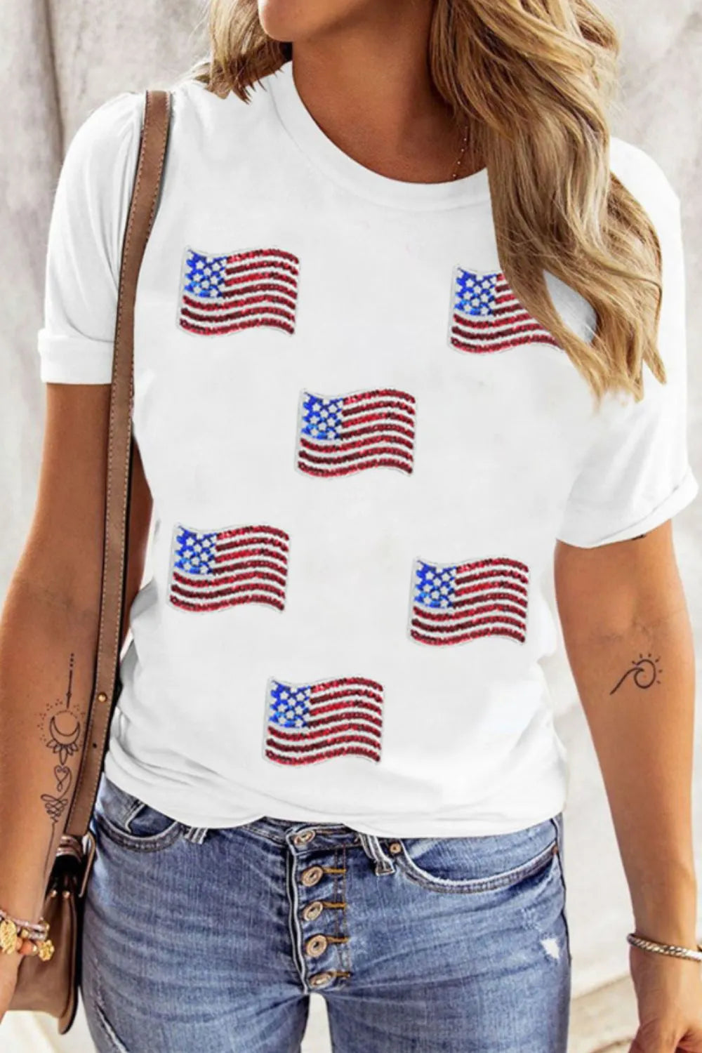 Sequin American Flag Patched Casual T Shirt – Trendsi | ClozArt