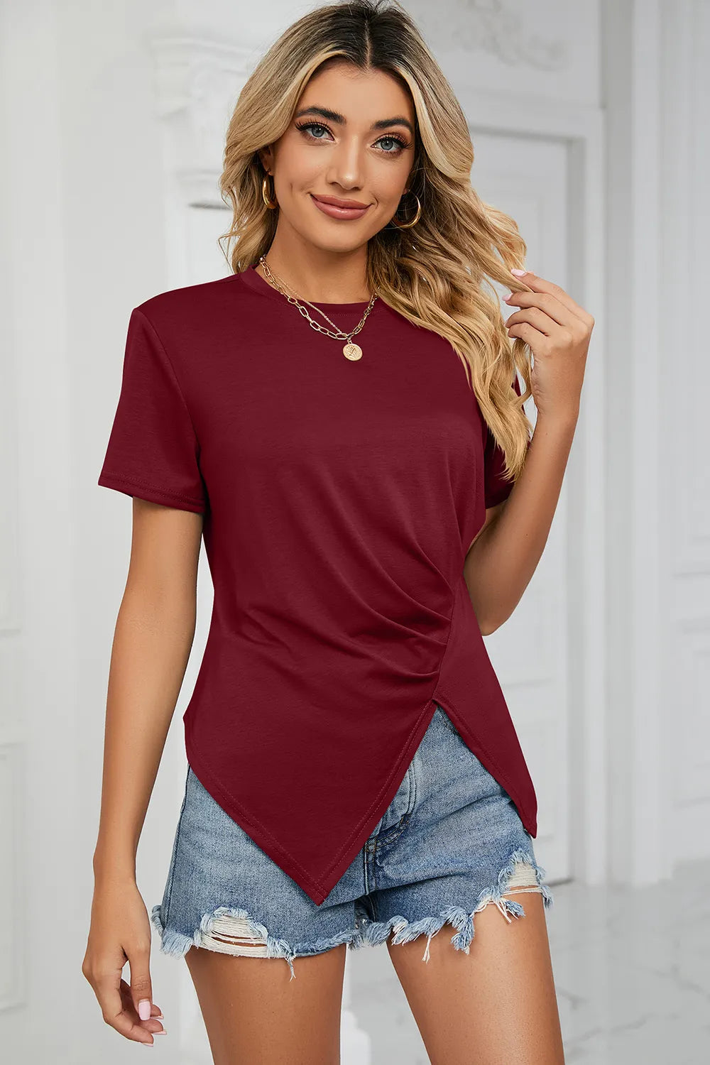 Ruched Round Neck Short Sleeve T-Shirt – Trendsi | ClozArt