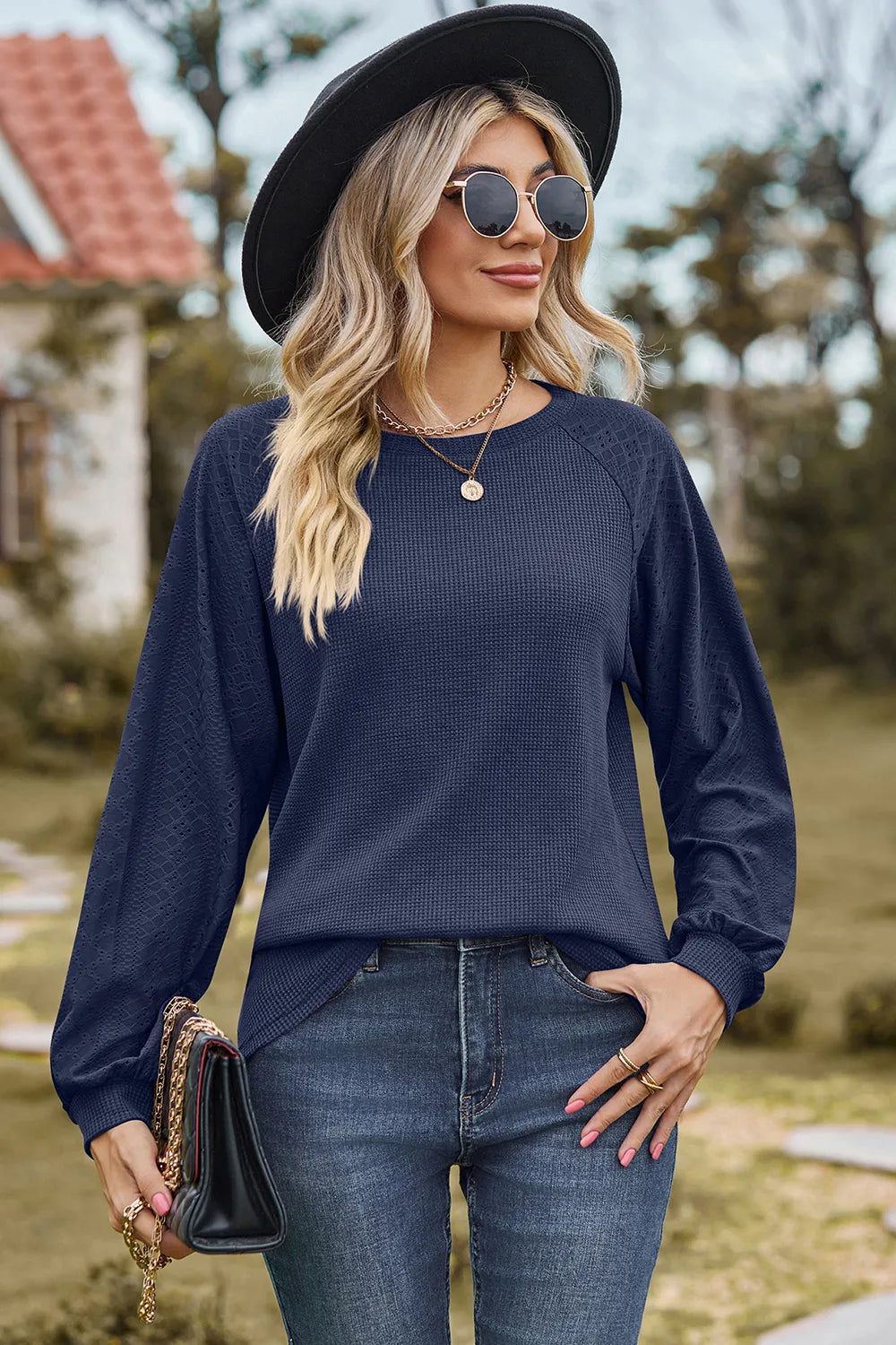 Eyelet Round Neck Long Sleeve T-Shirt – Trendsi | ClozArt