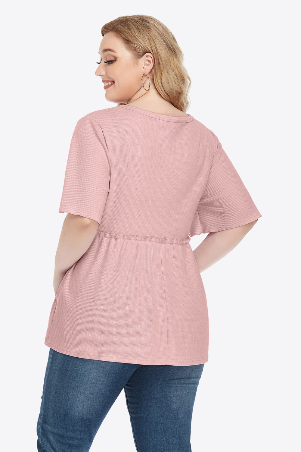 Plus Size Buttoned V-Neck Frill Trim Babydoll Blouse – Trendsi | ClozArt