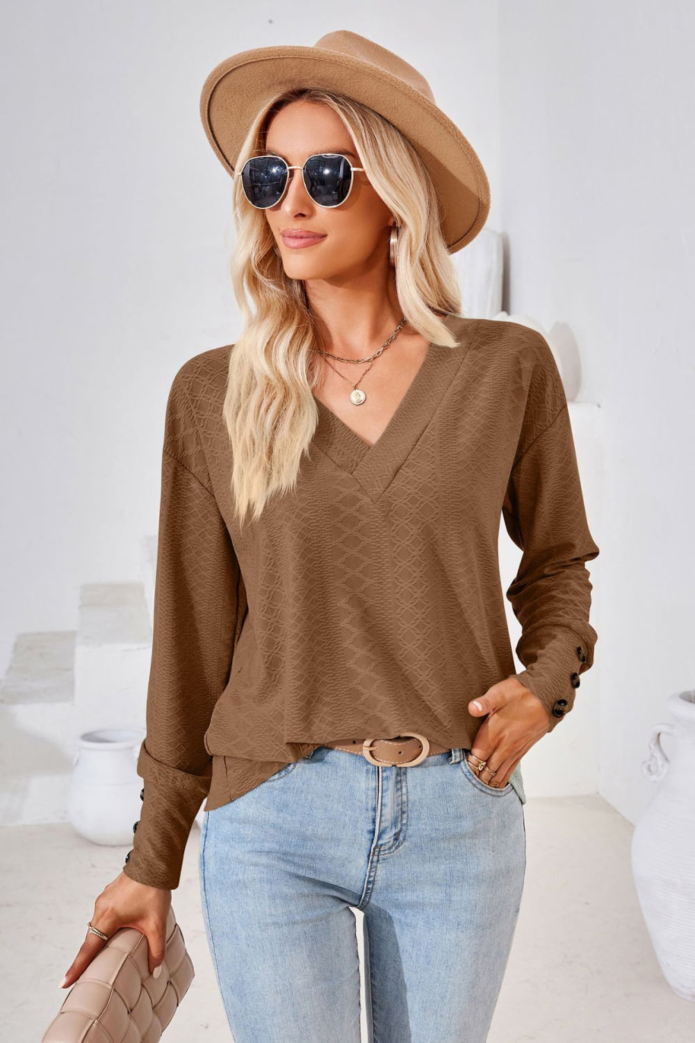 V-Neck Long Sleeve Blouse – Trendsi | ClozArt