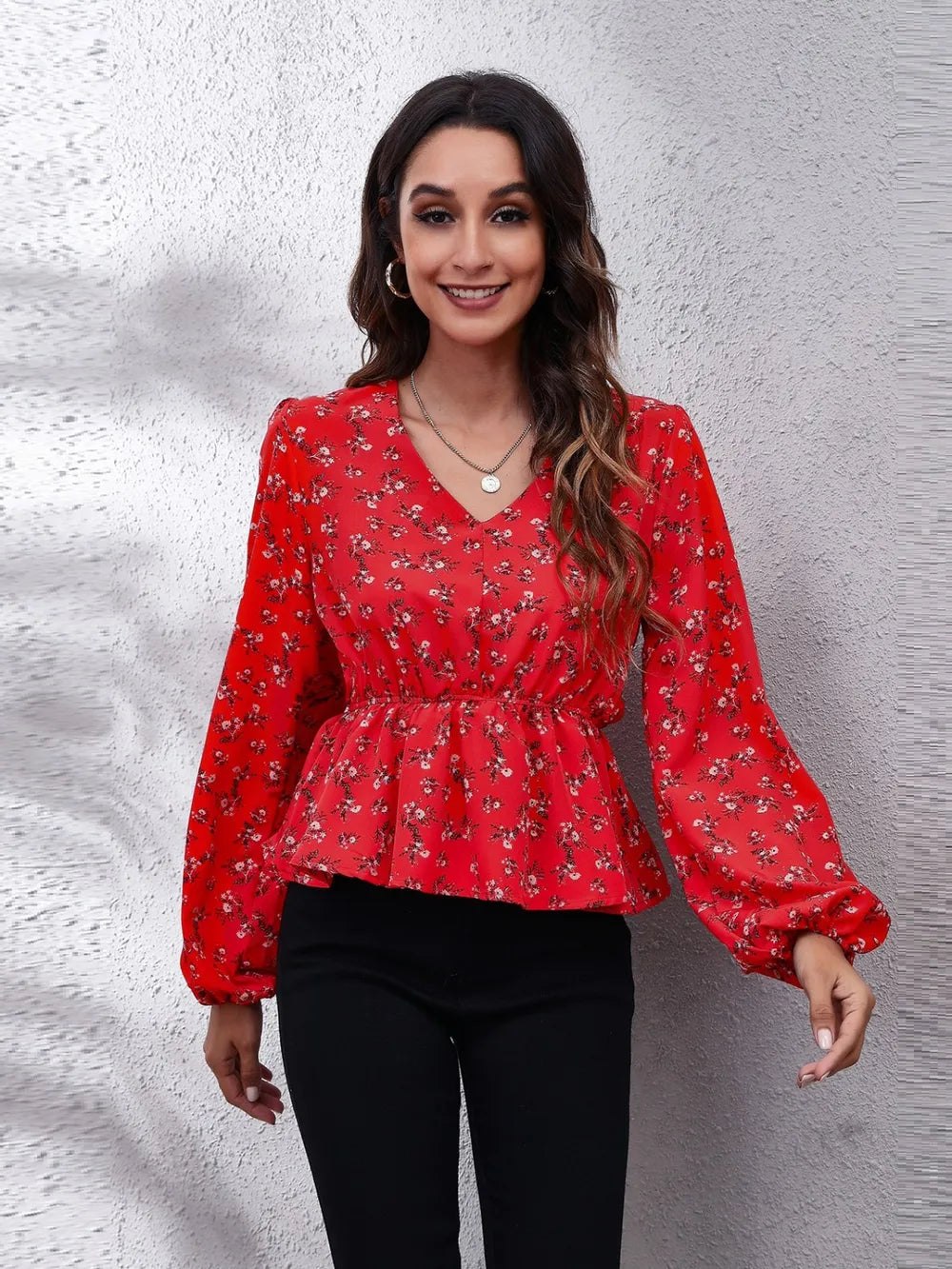 Floral V-Neck Balloon Sleeve Peplum Blouse – Trendsi | ClozArt