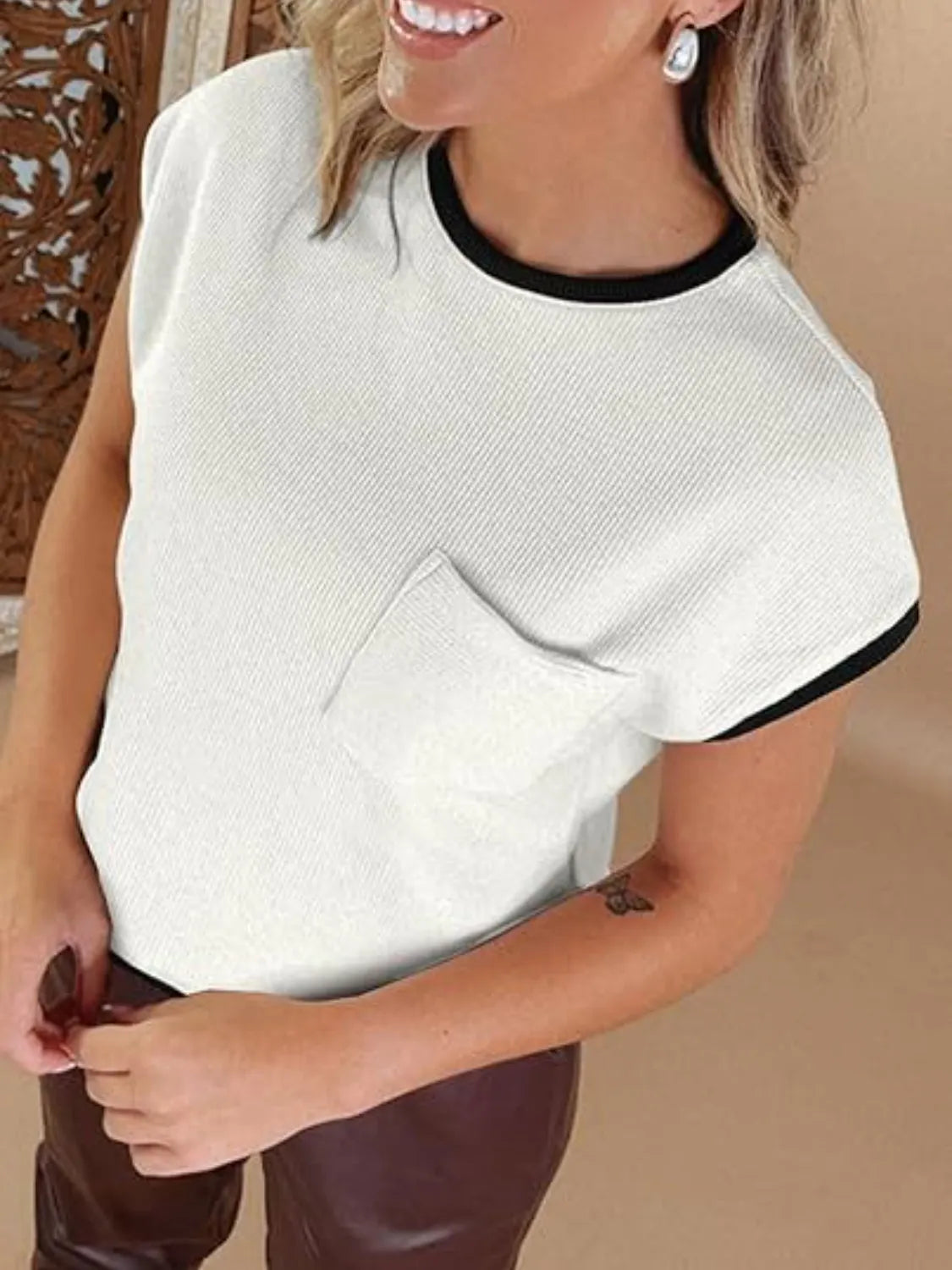 Contrast Trim Round Neck Cap Sleeve Top – Trendsi | ClozArt
