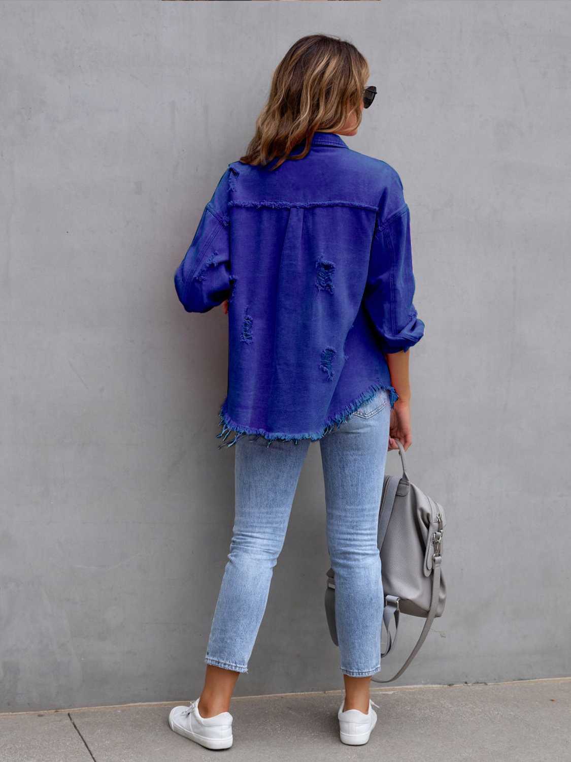 Distressed Drop Shoulder Denim Jacket – Trendsi | ClozArt