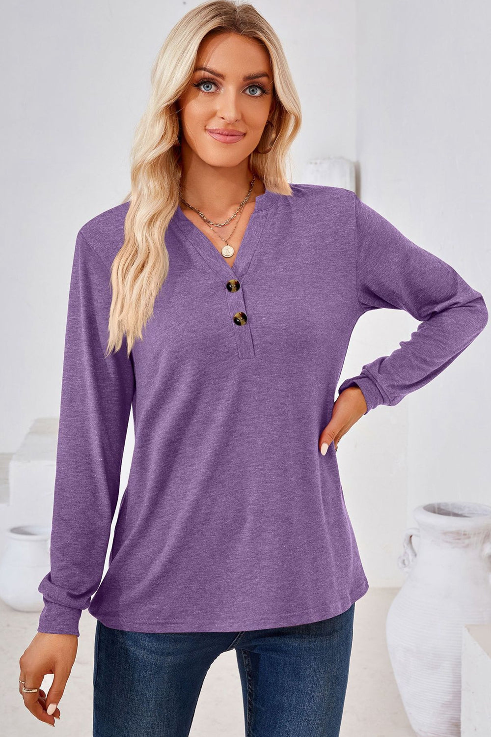 V-Neck Buttoned Long Sleeve Blouse – Trendsi | ClozArt