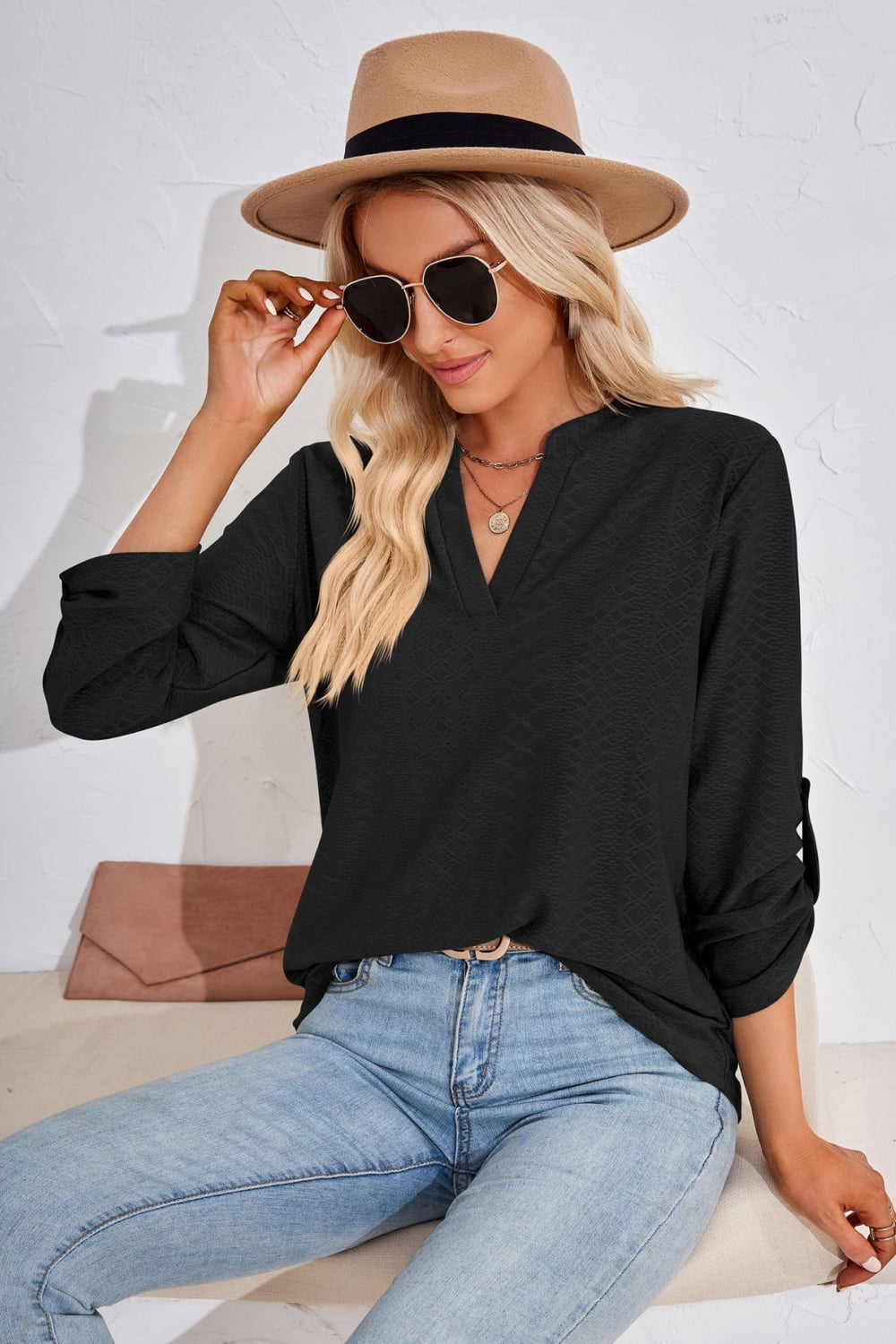 V-Neck Roll-Tap Sleeve Blouse – Trendsi | ClozArt