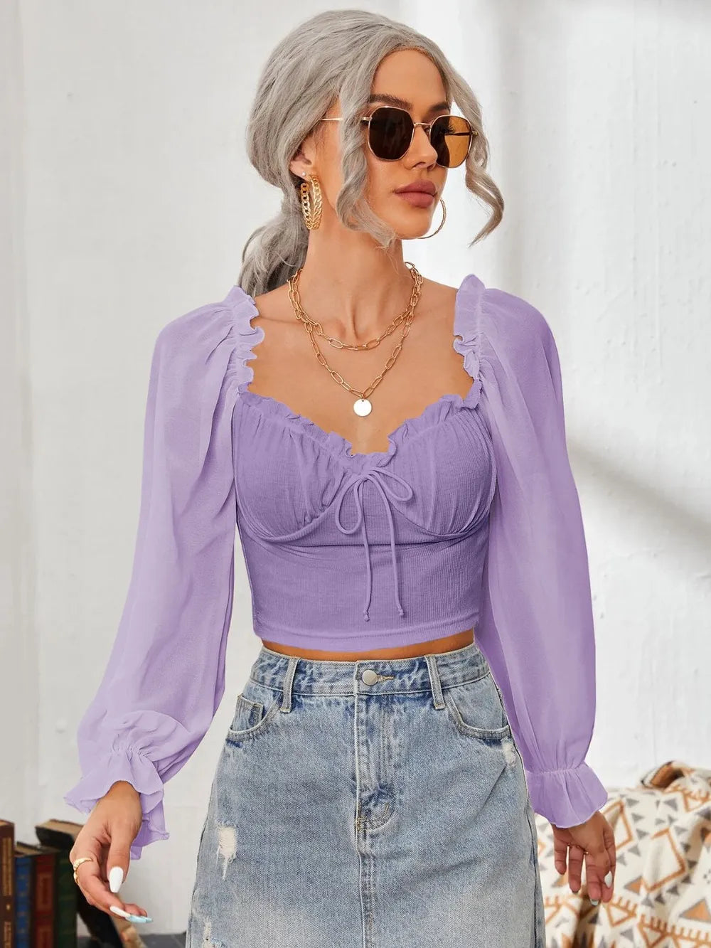 Mesh Sweetheart Neck Flounce Sleeve Top – Trendsi | ClozArt