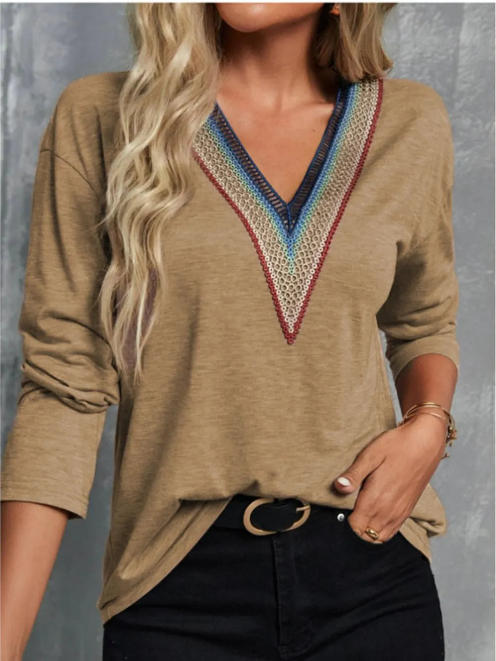 V-Neck Long Sleeve T-Shirt – Trendsi | ClozArt