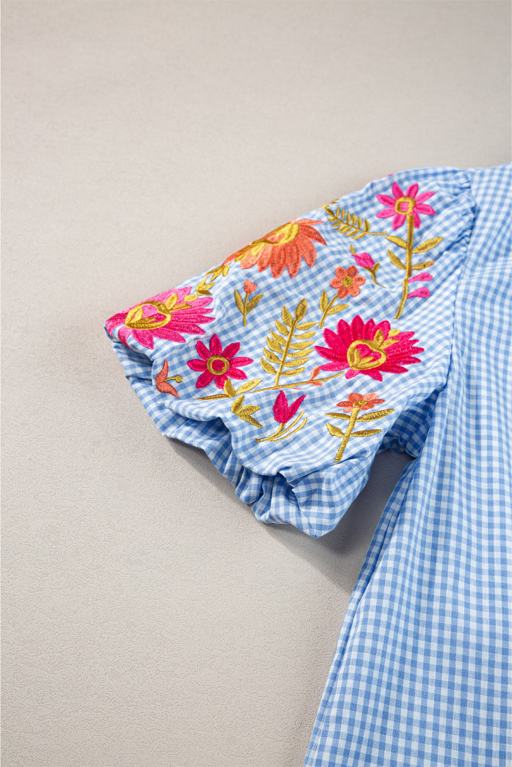 Light Blue Flower Embroidered Puff Sleeve Gingham Blouse – Shewin | ClozArt