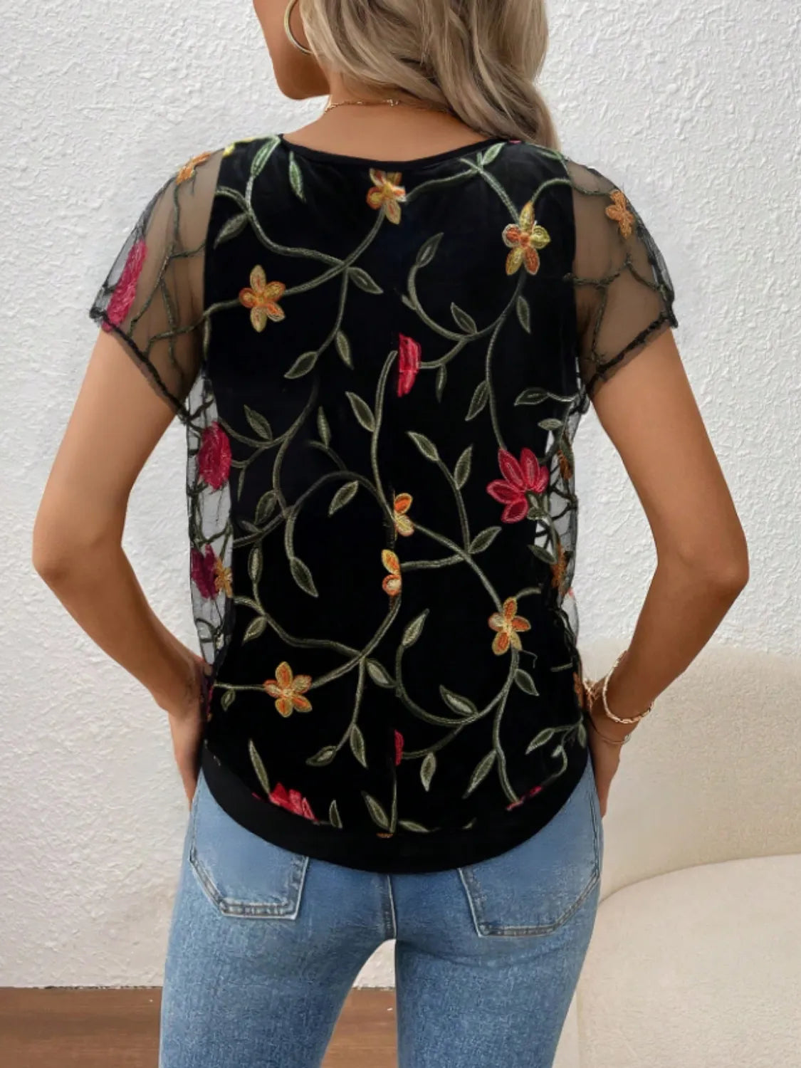 Floral Short Sleeve Sheer Top – Trendsi | ClozArt