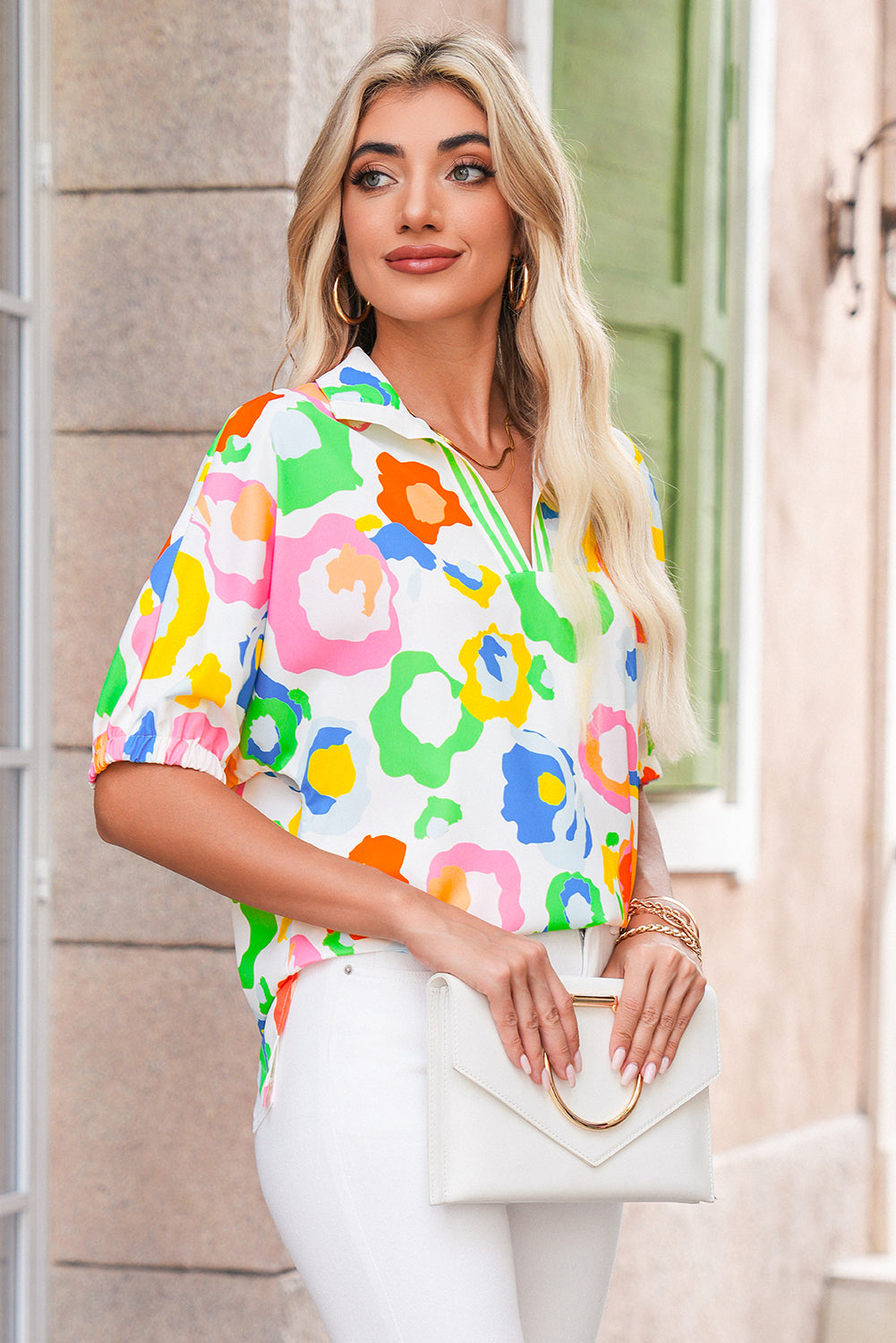 Green Abstract Leopard Short Sleeve Pop of Color Neckline Blouse – Shewin | ClozArt