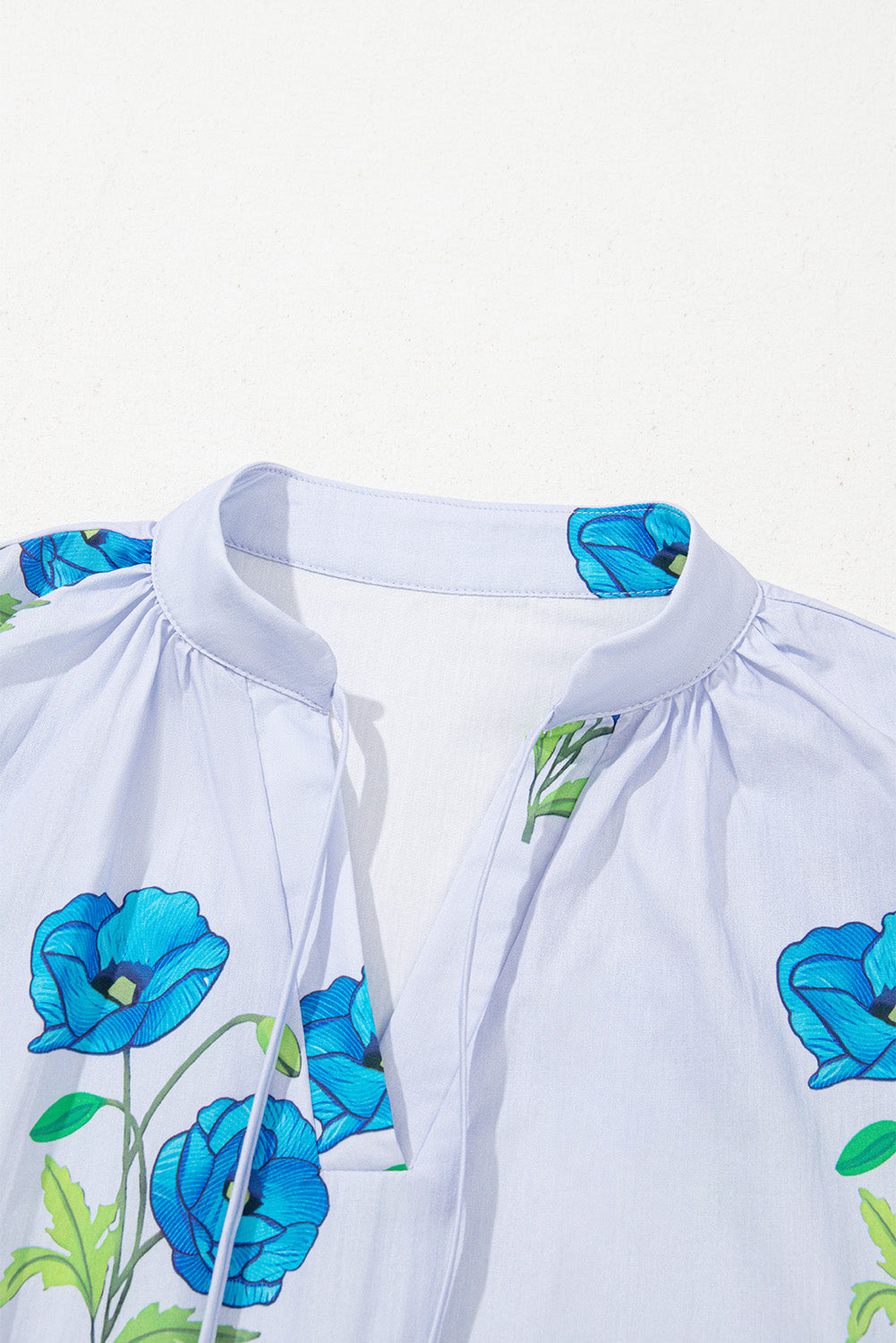 Sky Blue Floral Print Tie V-Neck Short Sleeve Blouse – Shewin | ClozArt