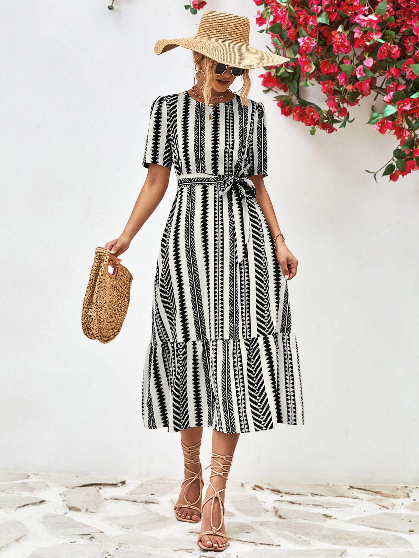 Striped Tie Belt Round Neck Puff Sleeve Dress – Trendsi | ClozArt