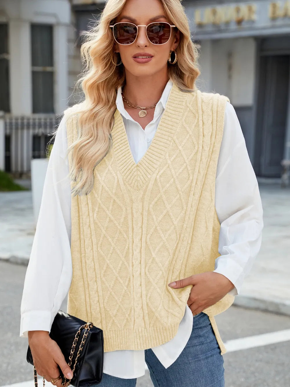 Cable Knit V-Neck Sweater Vest – Trendsi | ClozArt