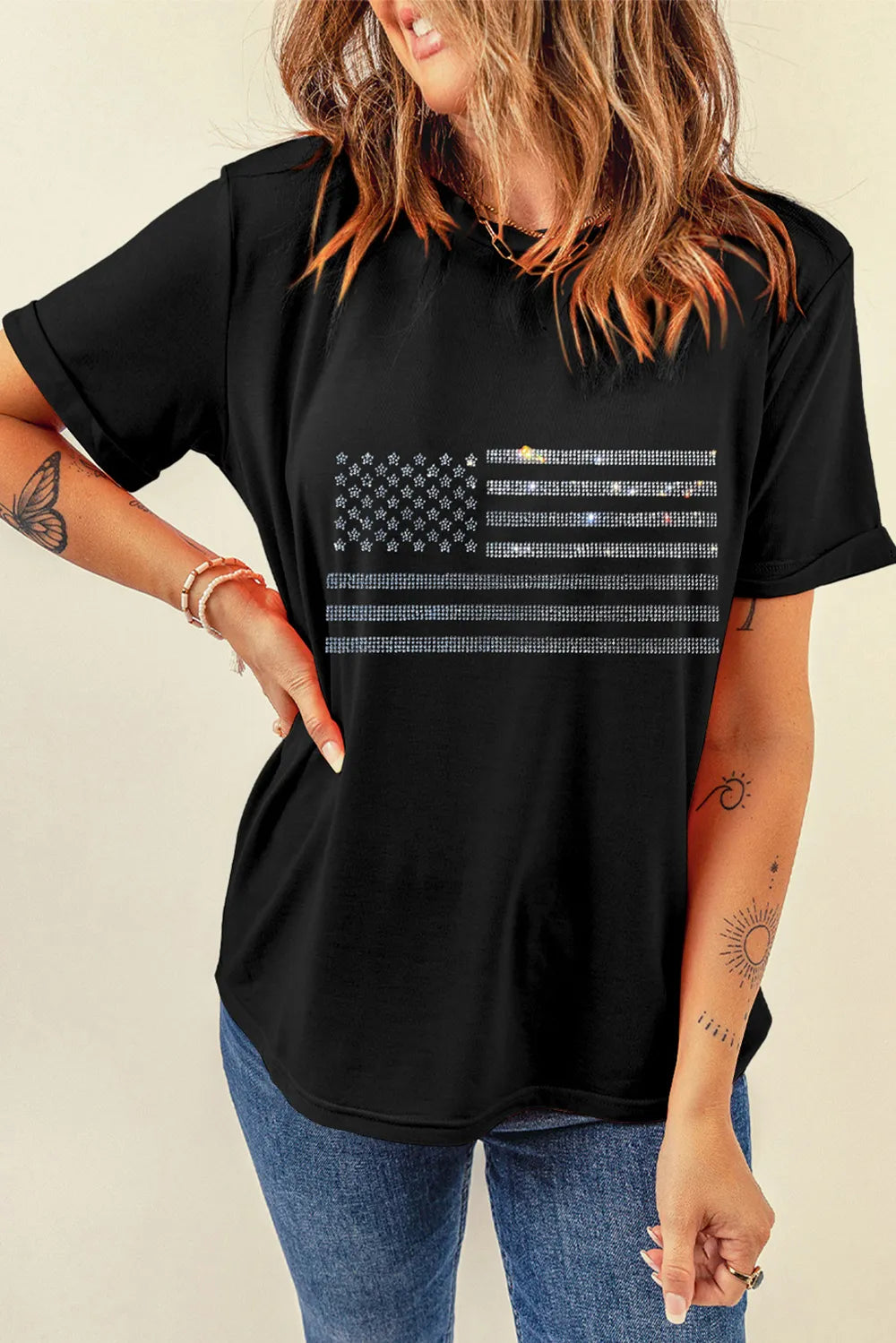 Rhinestone US Flag Round Neck Short Sleeve T-Shirt – Trendsi | ClozArt