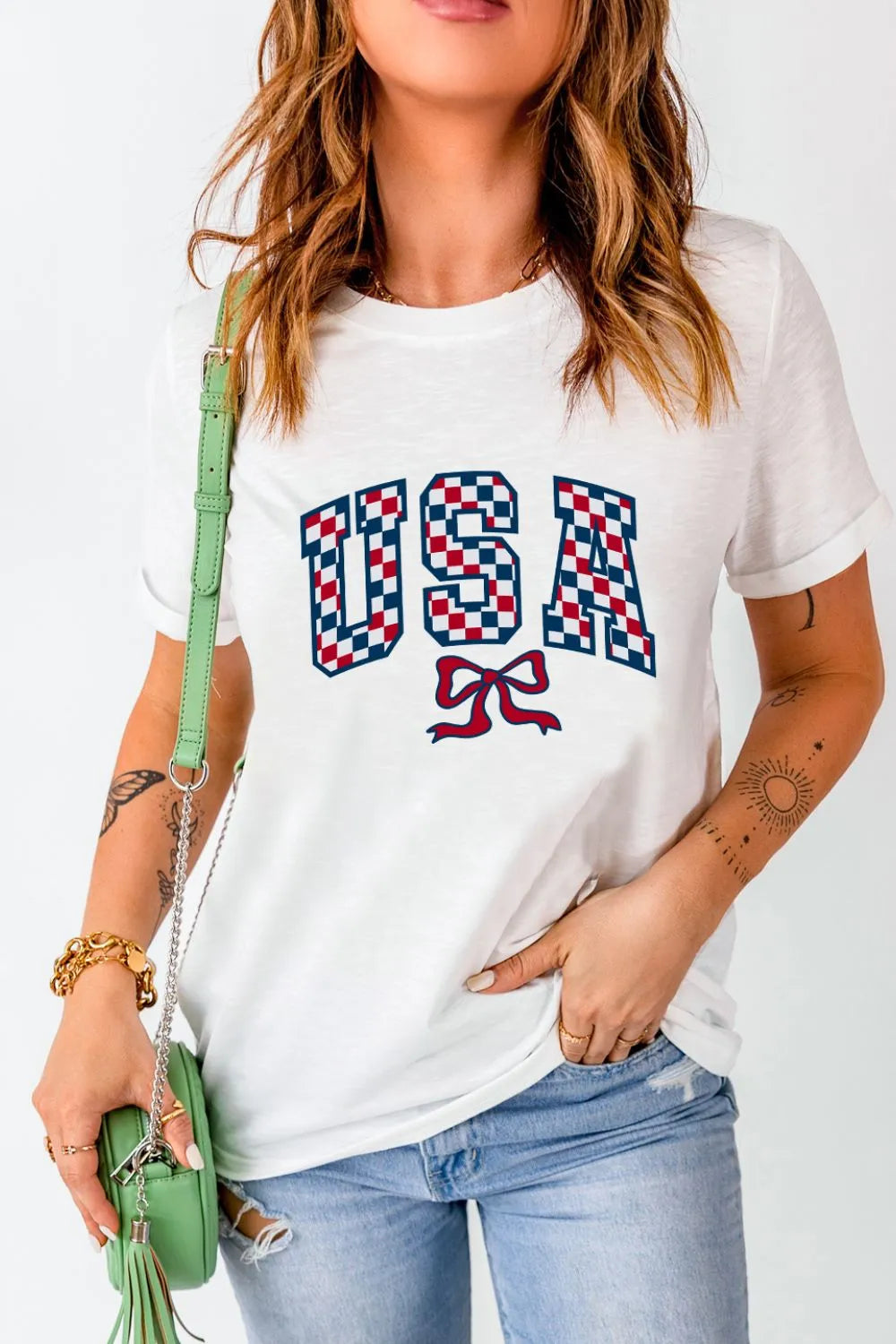 Checkered USA Graphic Round Neck Tee – Trendsi | ClozArt