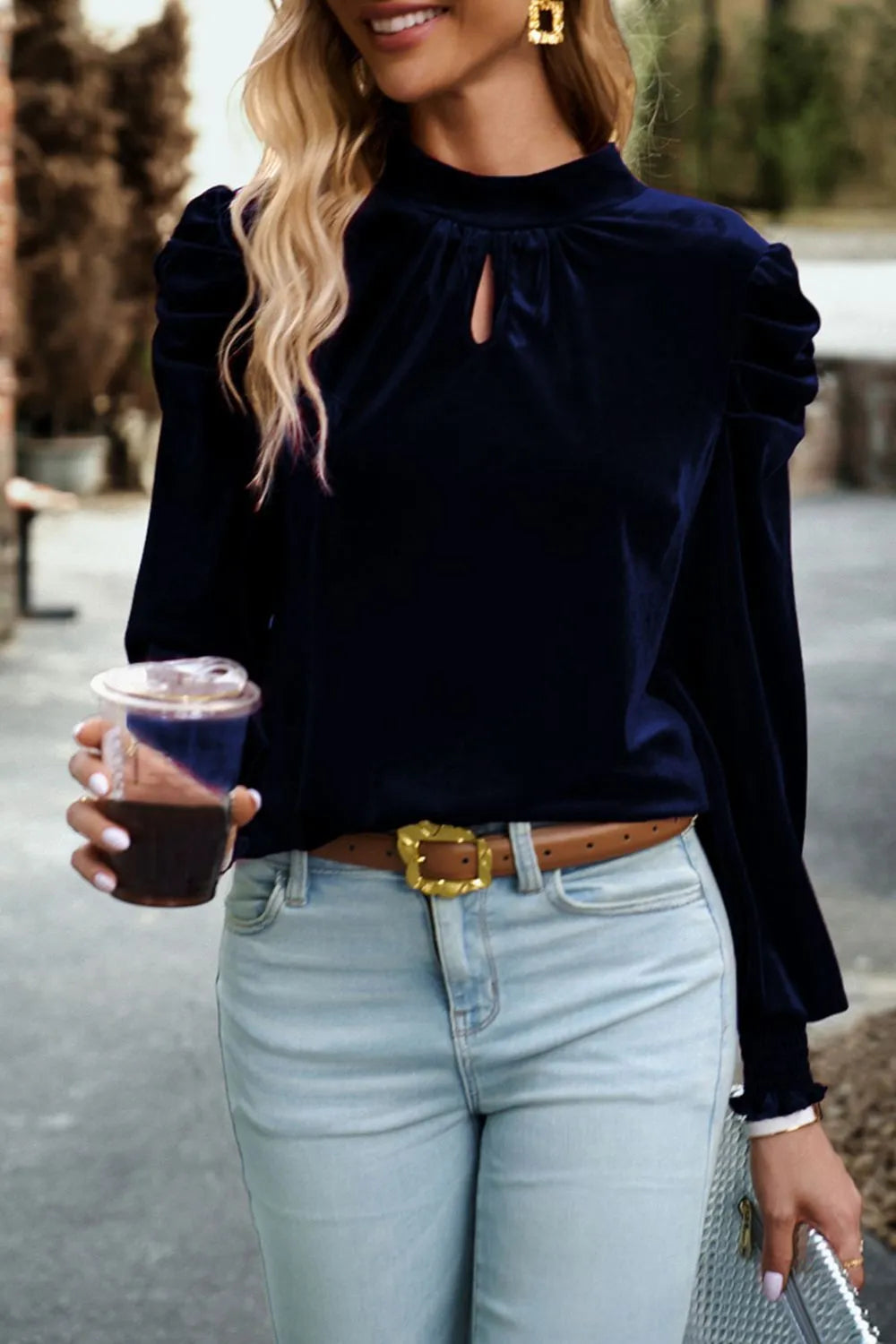Tie Up Mock Neck Velvet Fabric Long Sleeve Blouse – Trendsi | ClozArt