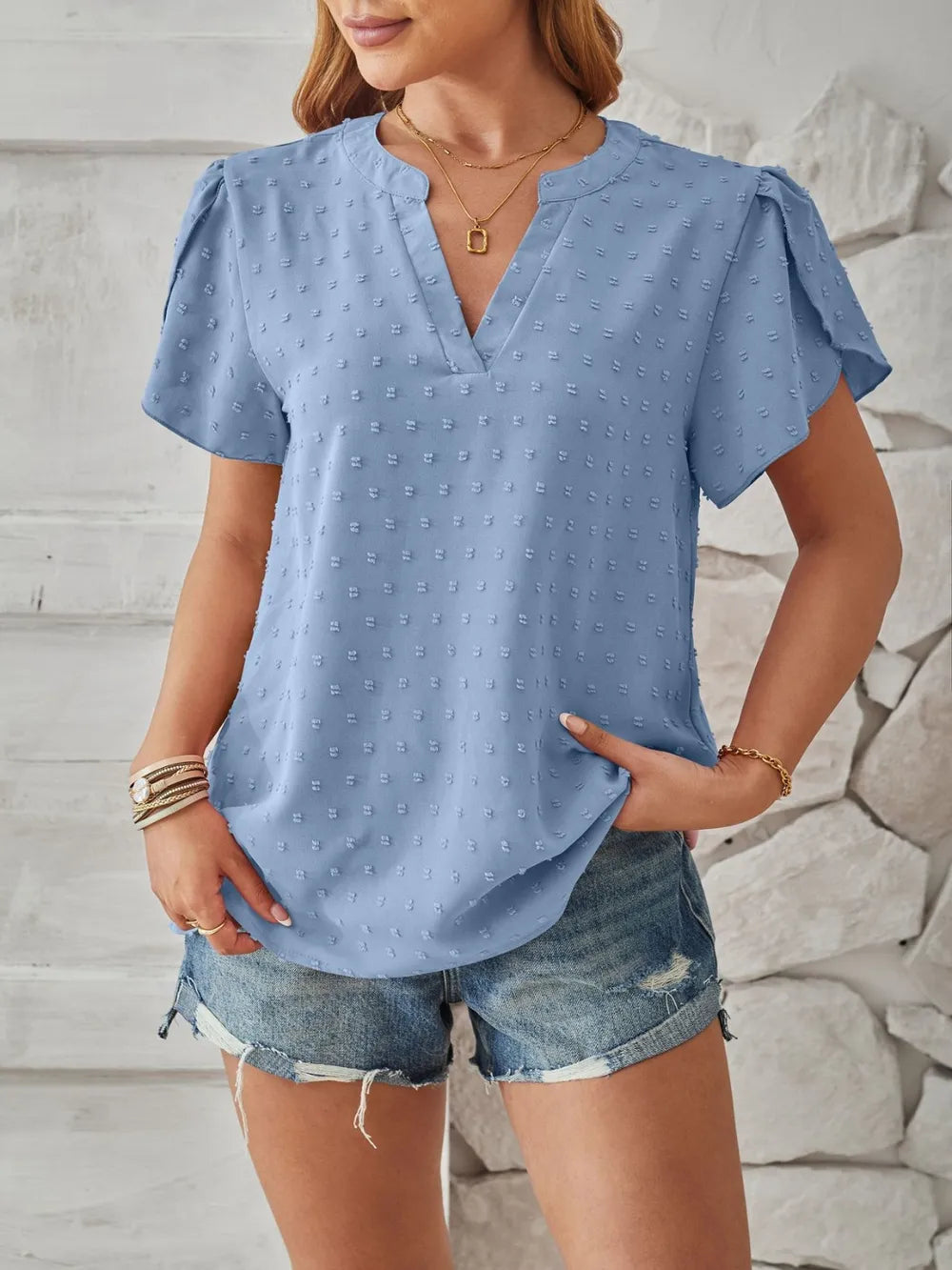 Swiss Dot Notched Petal Sleeve T-Shirt – Trendsi | ClozArt