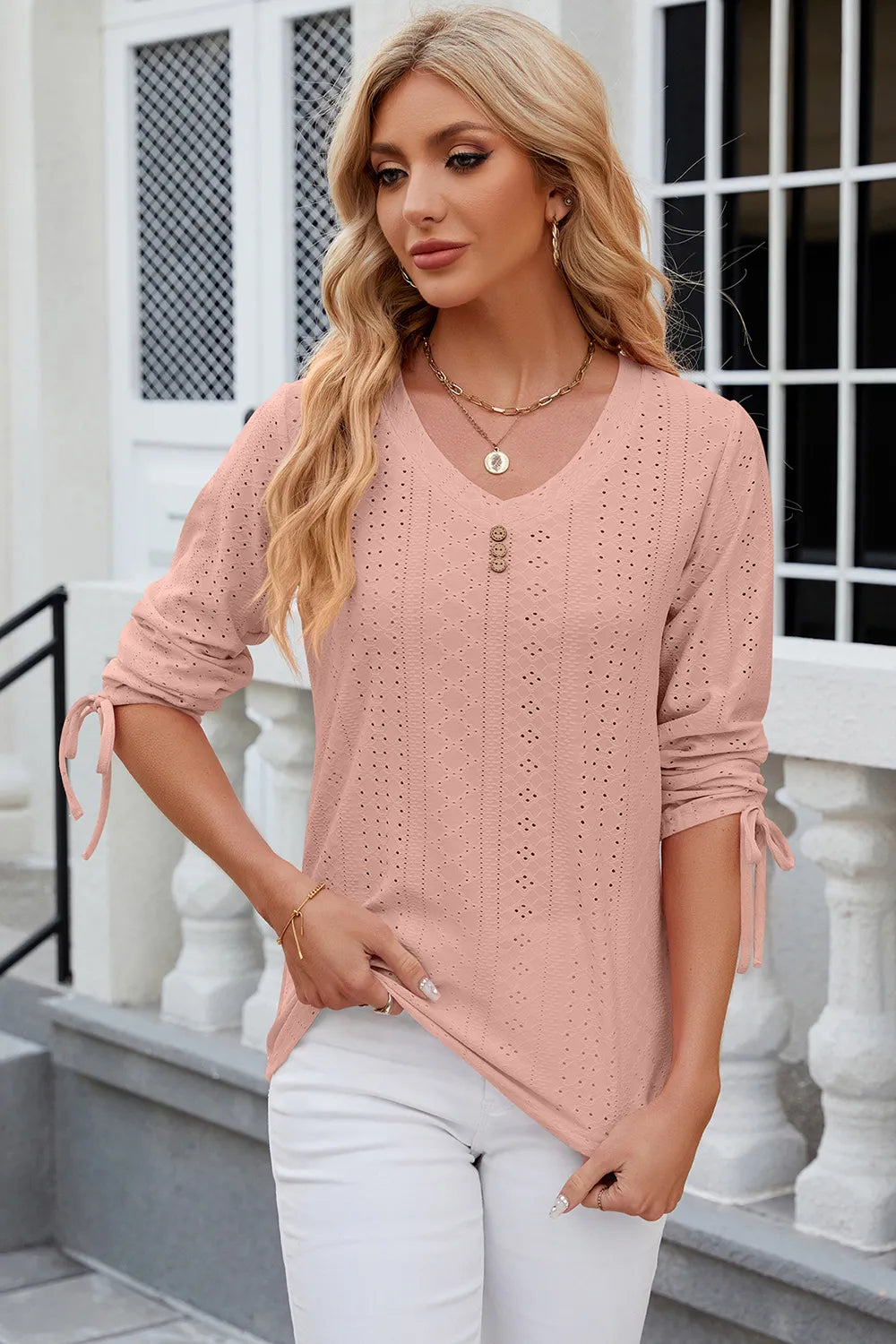 Eyelet Drawstring V-Neck Half Sleeve T-Shirt – Trendsi | ClozArt