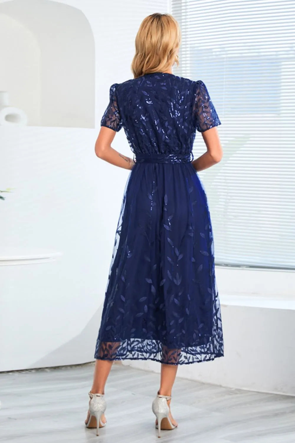 Sequin Leaf Embroidery Tie Front Short Sleeve Dress – Trendsi | ClozArt