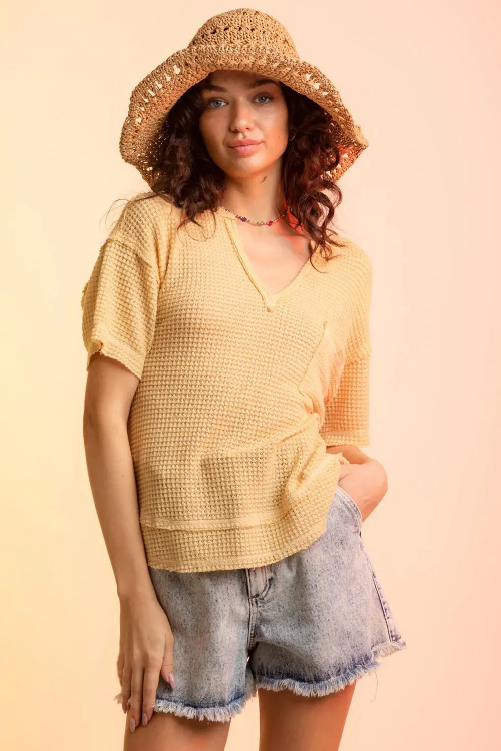 Waffle-Knit Notched Half Sleeve T-Shirt – Trendsi | ClozArt