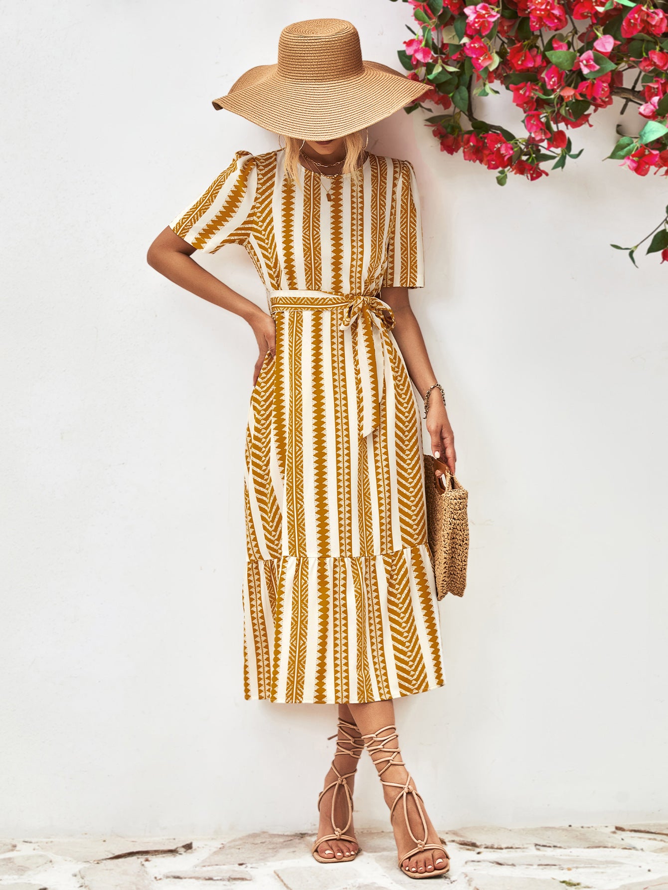 Striped Tie Belt Round Neck Puff Sleeve Dress – Trendsi | ClozArt