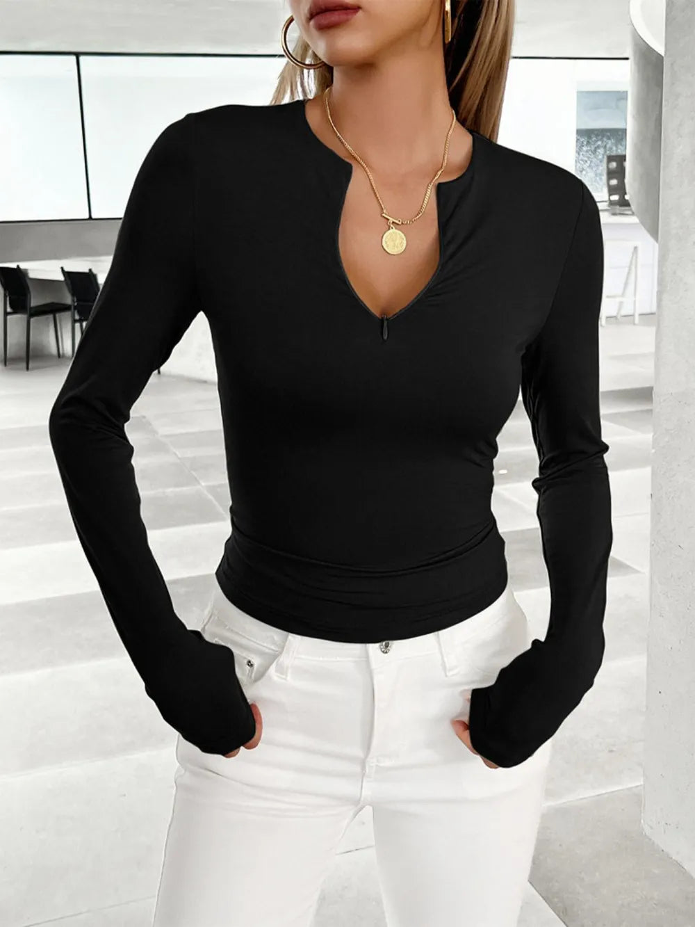 Devine Notched Long Sleeve T-Shirt – Trendsi | ClozArt