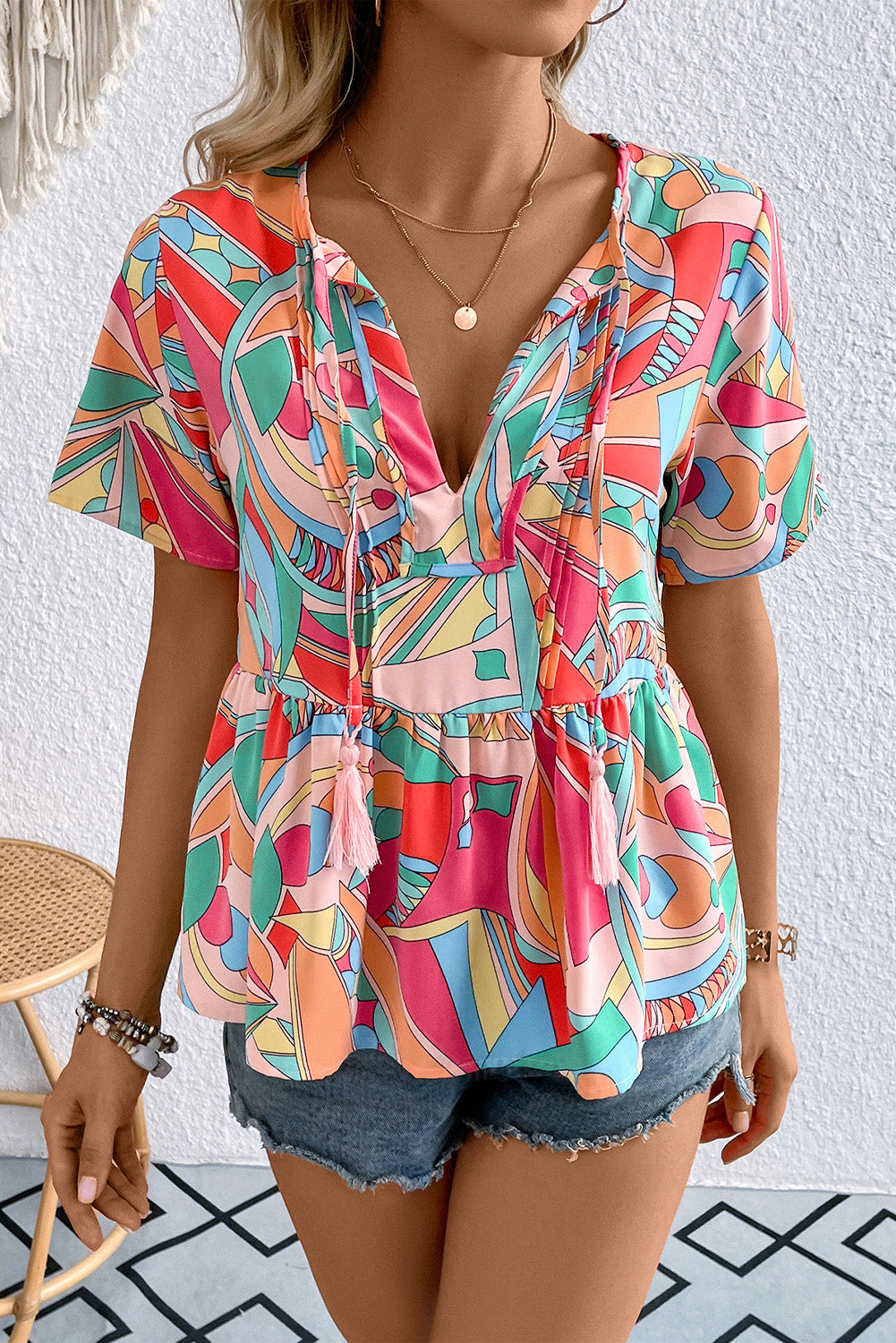 Printed Tie Neck Short Sleeve Blouse – Trendsi | ClozArt