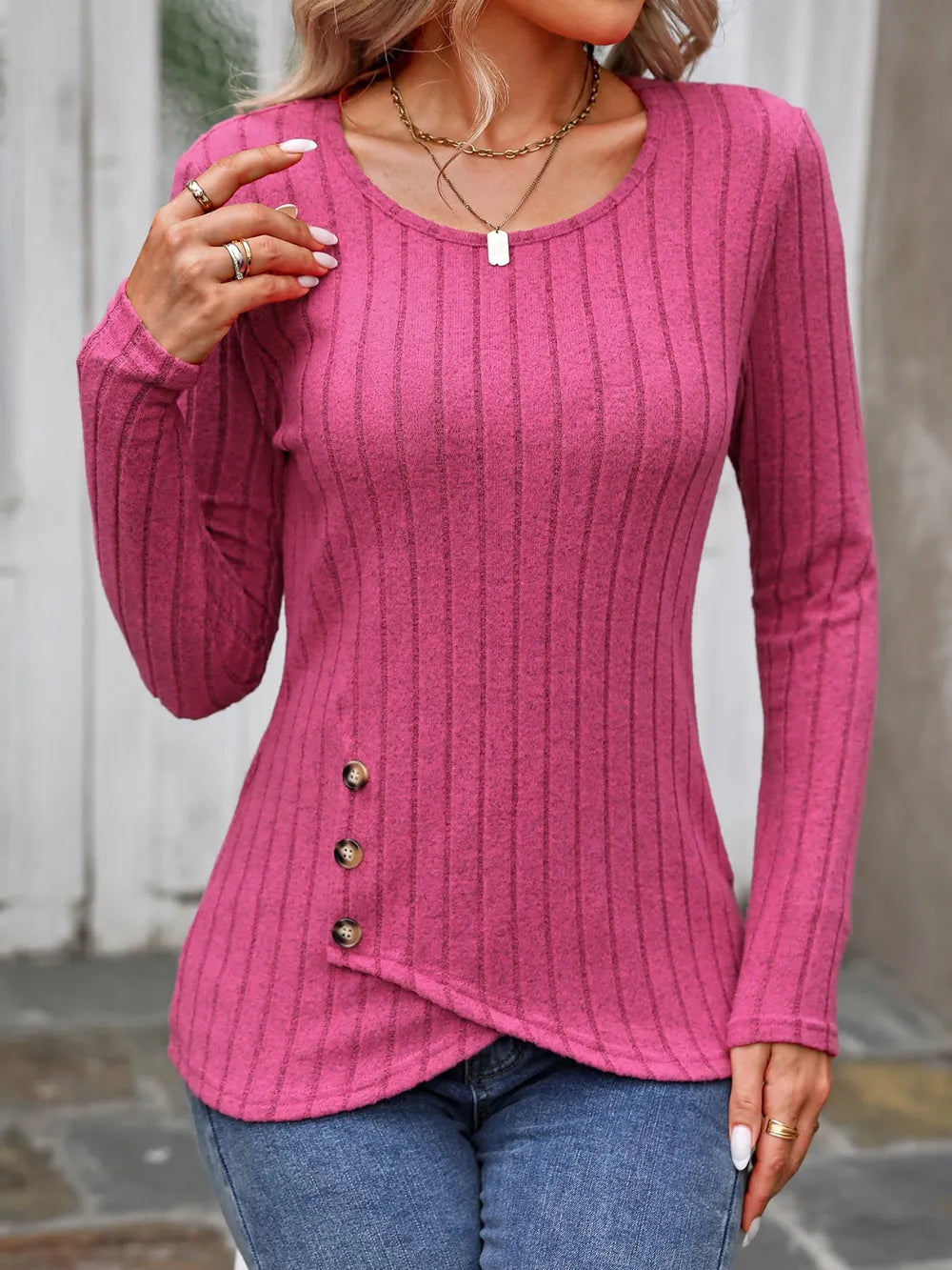 Decorative Button Round Neck Long Sleeve T-Shirt – Trendsi | ClozArt