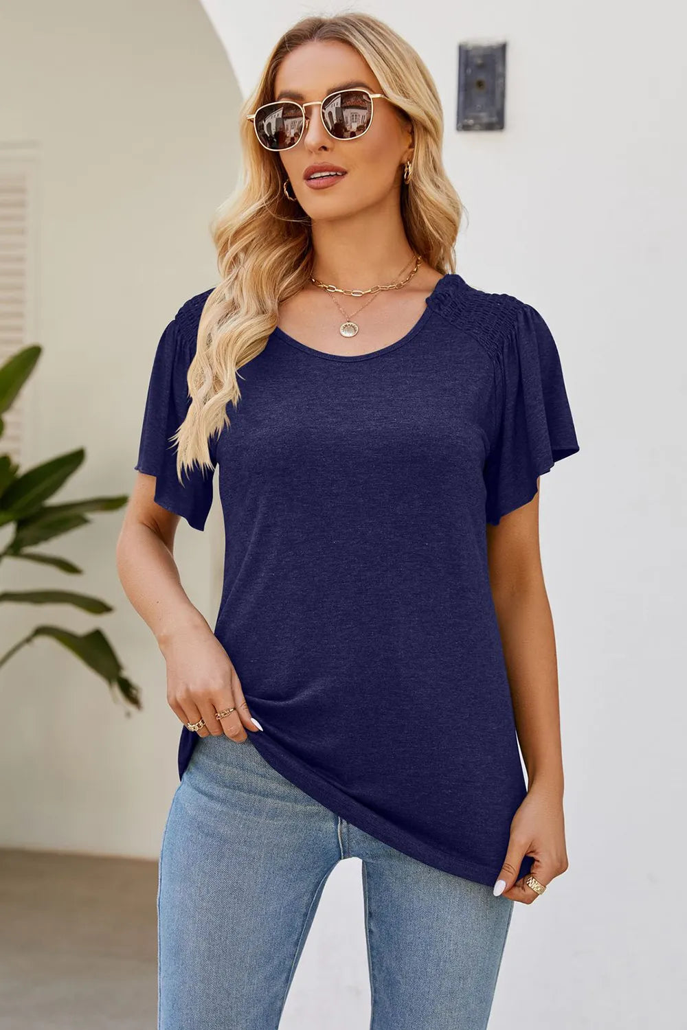 Smocked Round Neck Flutter Sleeve T-Shirt – Trendsi | ClozArt