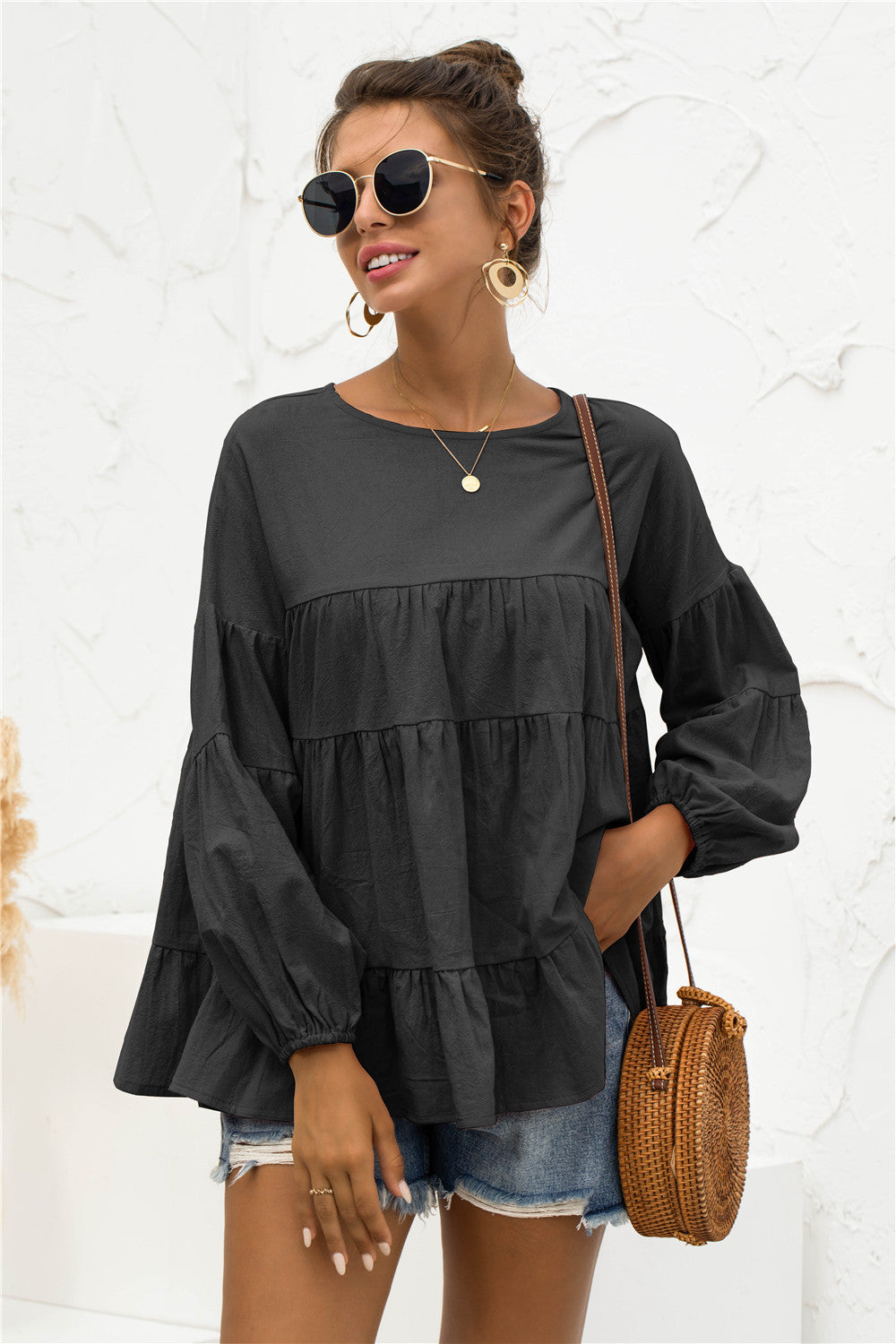 Round Neck Bubble Sleeve Tiered Blouse – Trendsi | ClozArt