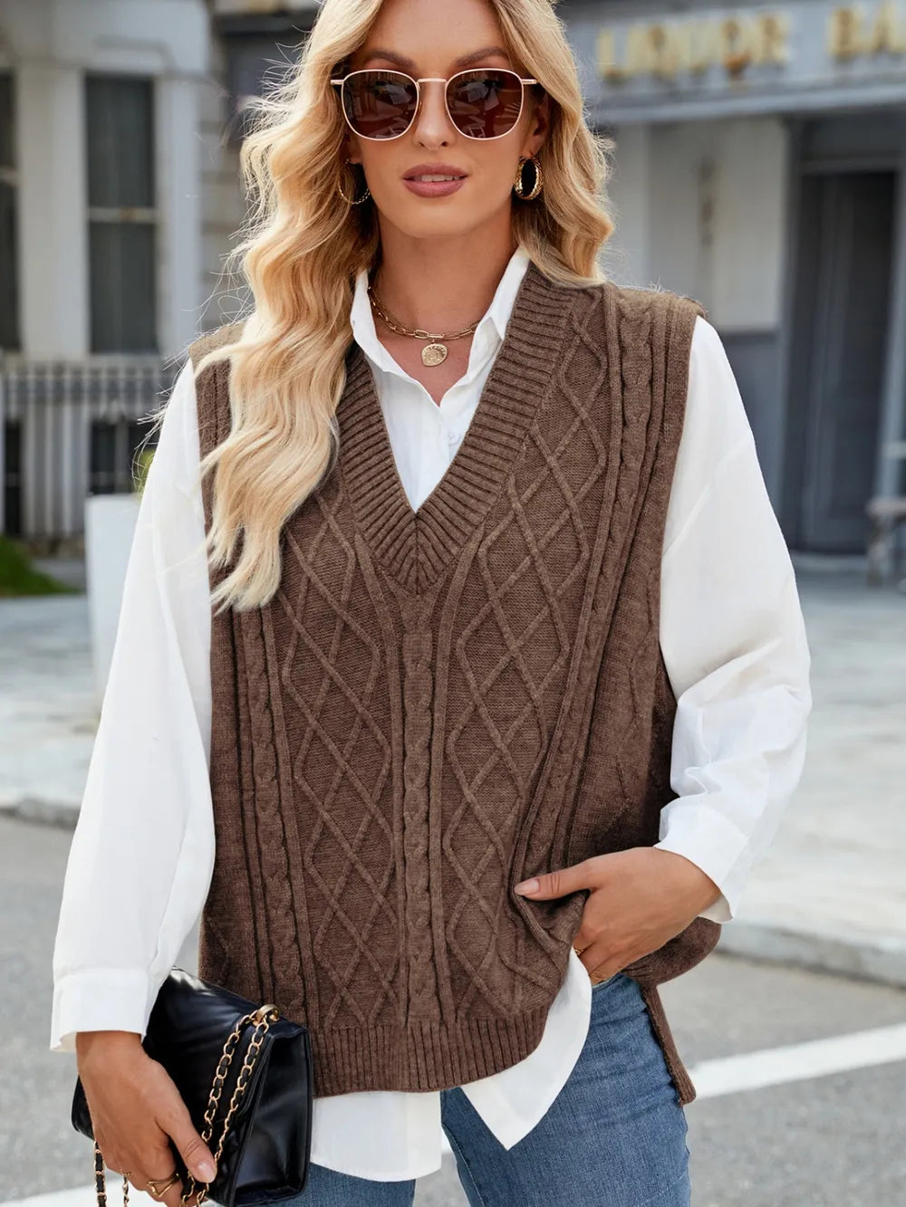Cable Knit V-Neck Sweater Vest – Trendsi | ClozArt