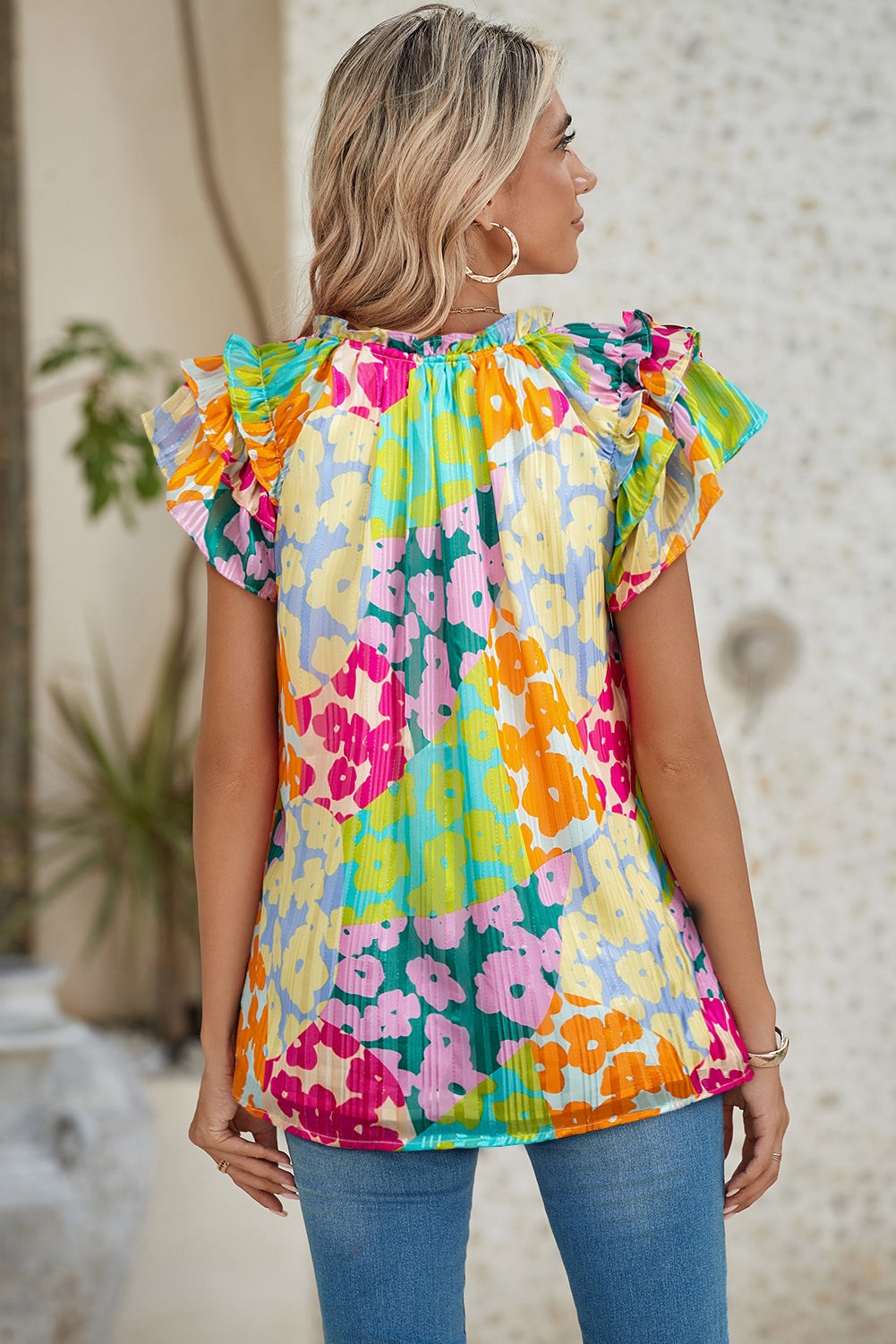 Multicolour Leopard Flutter Sleeve V Neck Crinkled Blouse – Shewin | ClozArt