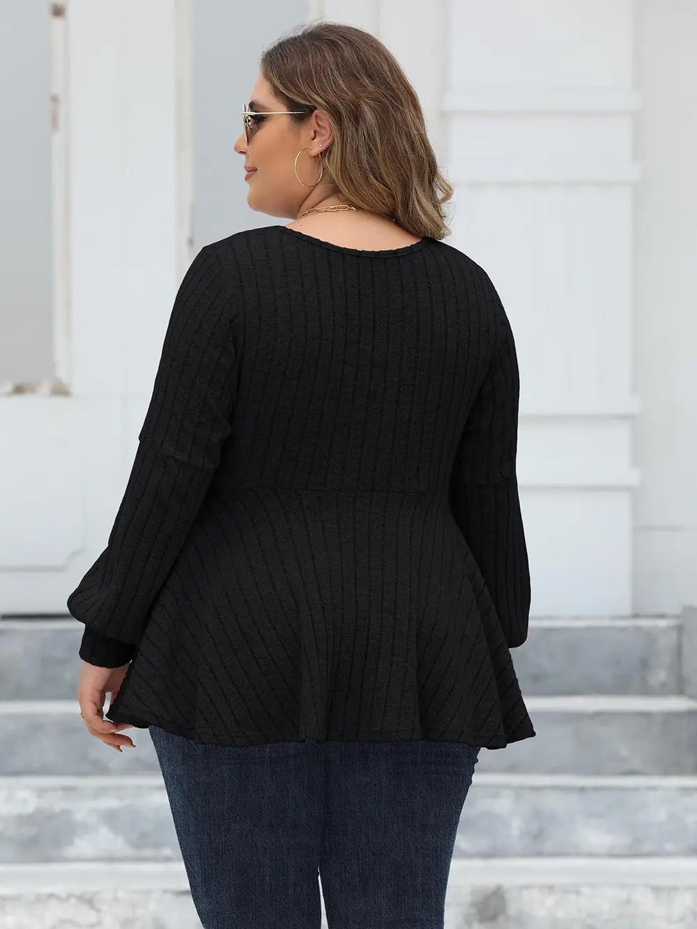 Plus Size Ribbed V-Neck Long Sleeve Blouse – Trendsi | ClozArt