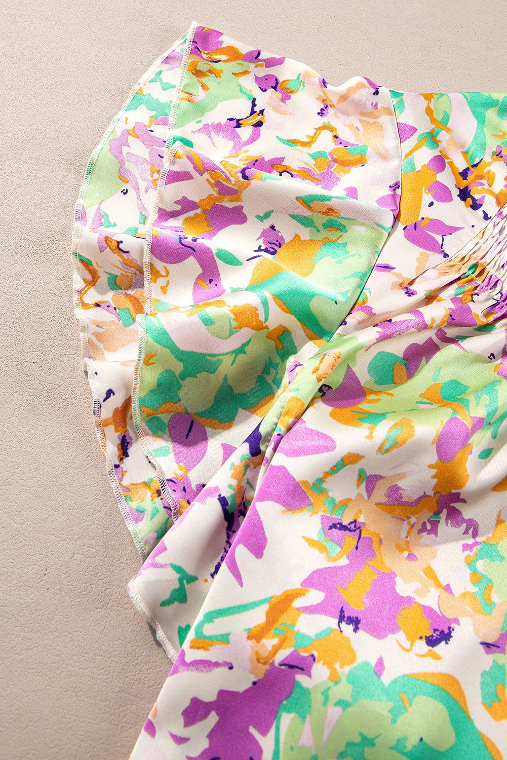 Purple Abstract Print Ruffled Short Sleeve Notched Neck Blouse – Shewin | ClozArt