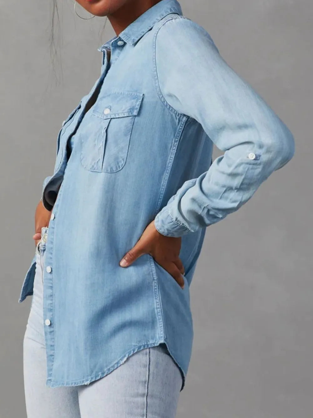 Collared Neck Roll-Tab Sleeve Denim Top – Trendsi | ClozArt