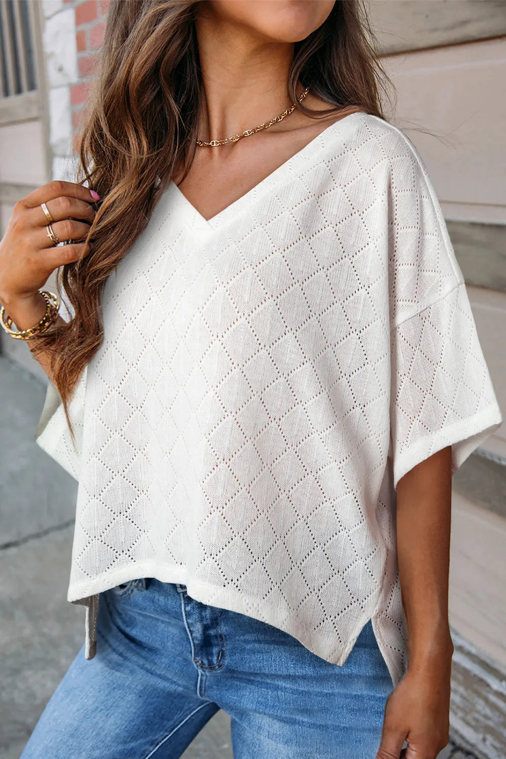 Eyelet V-Neck Dropped Shoulder T-Shirt – Trendsi | ClozArt