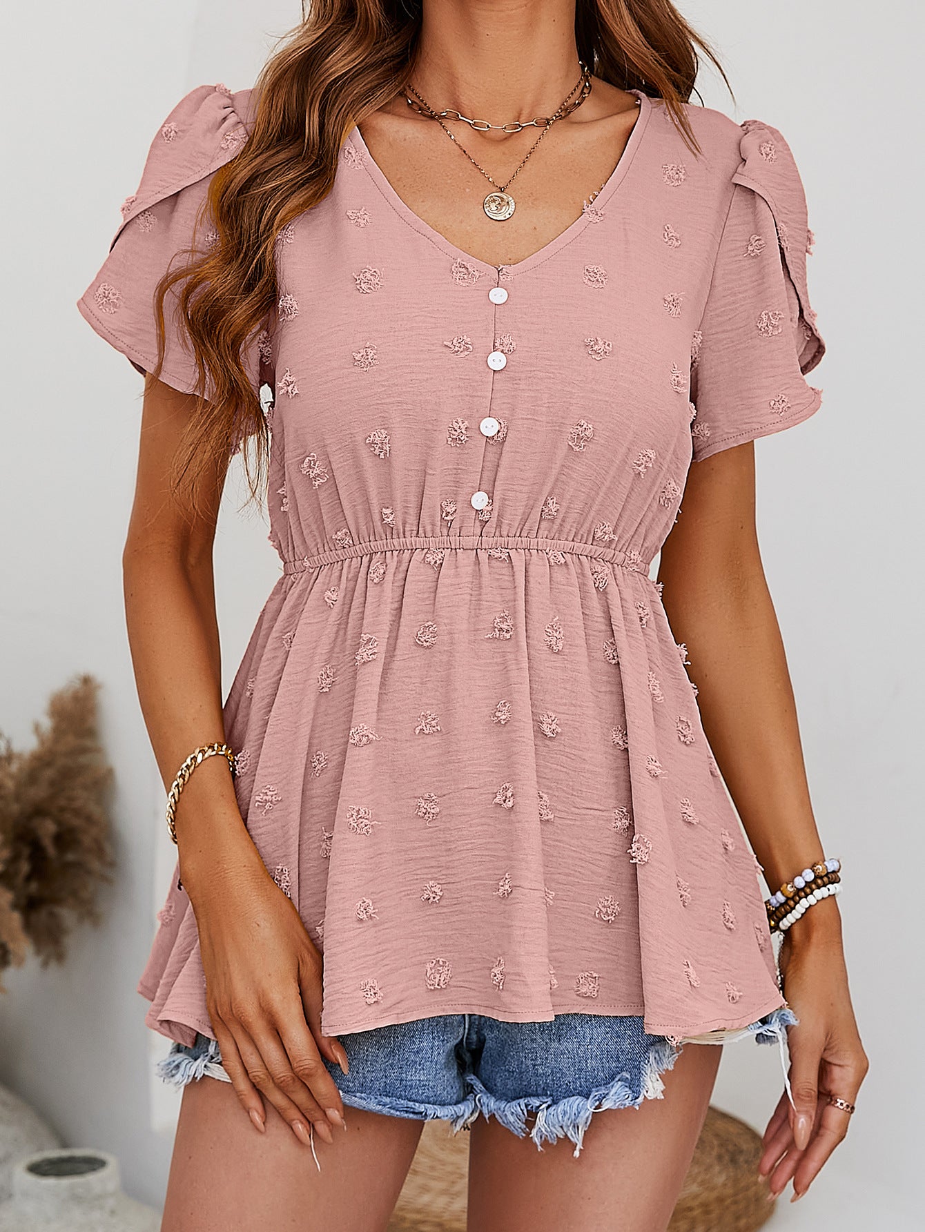 Swiss Dot Buttoned Petal Sleeve Peplum Blouse – Trendsi | ClozArt