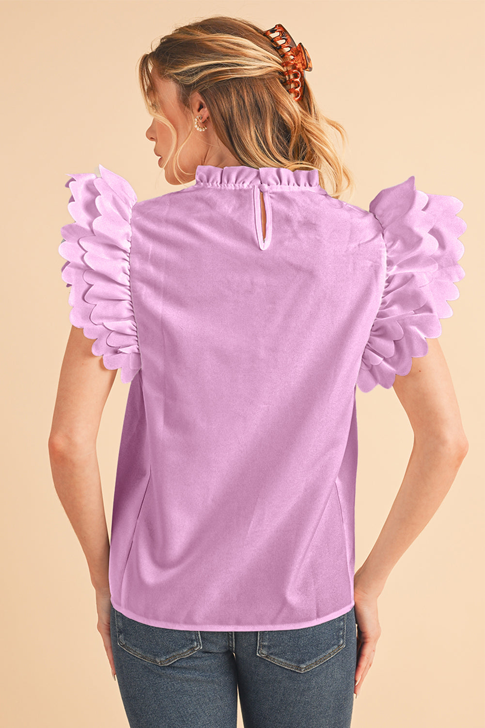 Bright Pink Solid Scalloped Ruffle Sleeve Blouse – Shewin | ClozArt