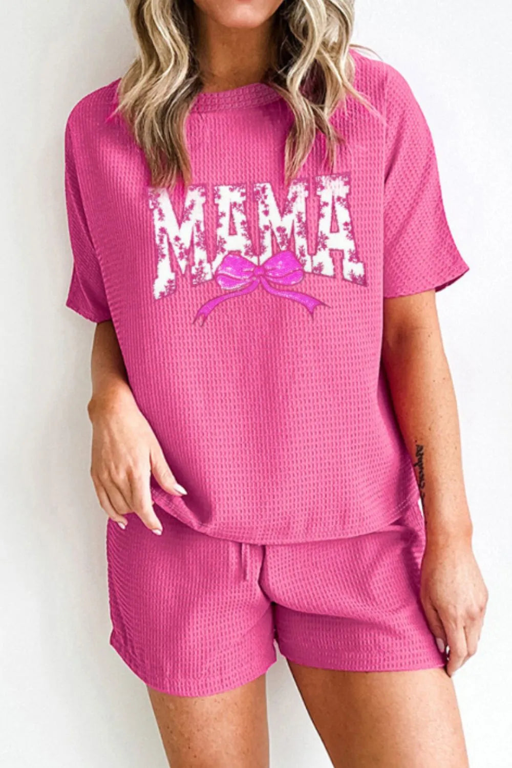 Waffle Sequin Floral MAMA Bow Graphic Top and Shorts Set – Trendsi | ClozArt