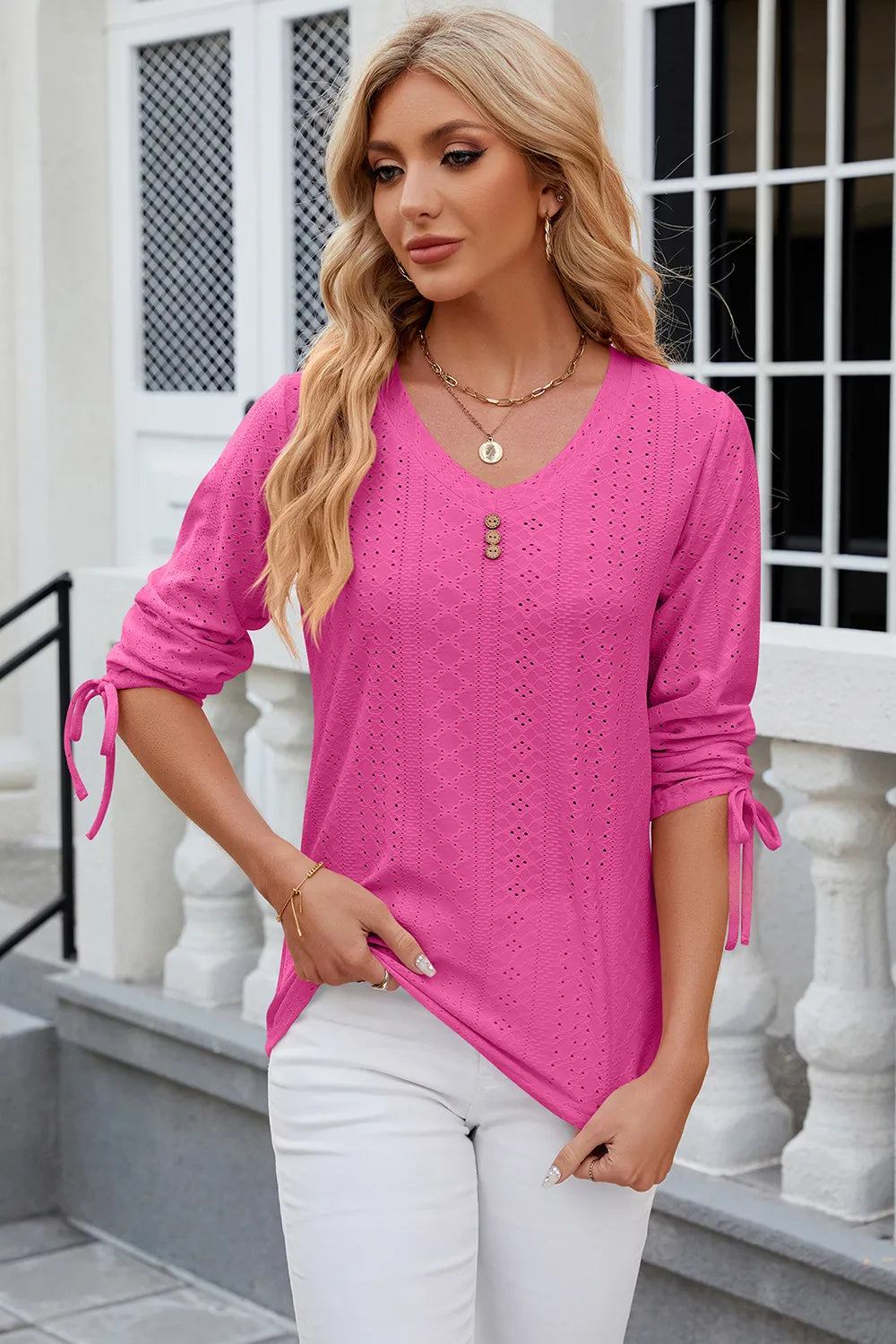 Eyelet Drawstring V-Neck Half Sleeve T-Shirt – Trendsi | ClozArt