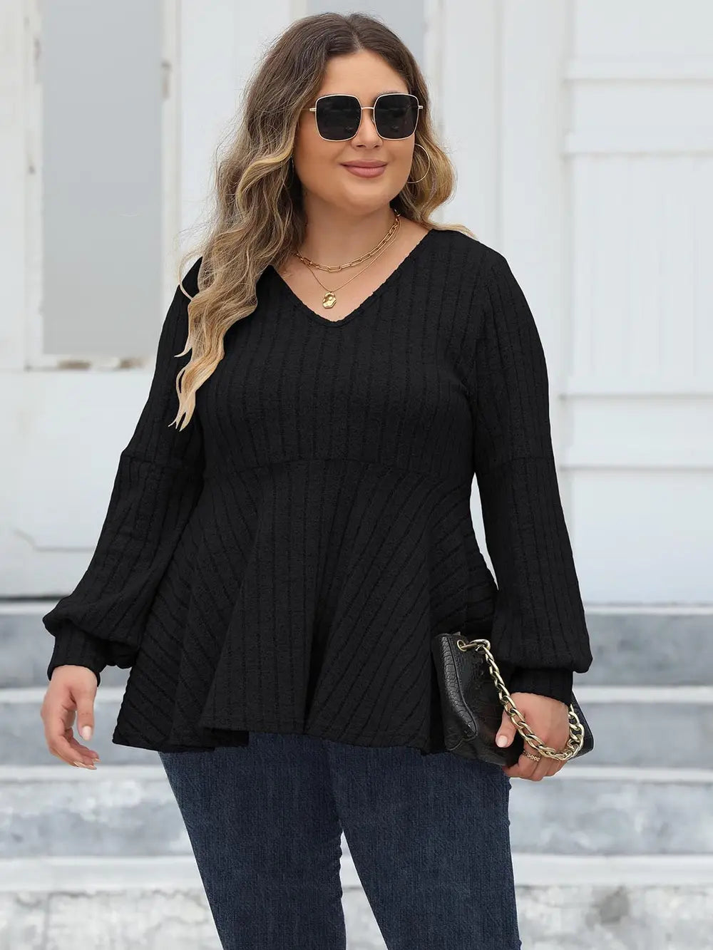 Plus Size Ribbed V-Neck Long Sleeve Blouse – Trendsi | ClozArt