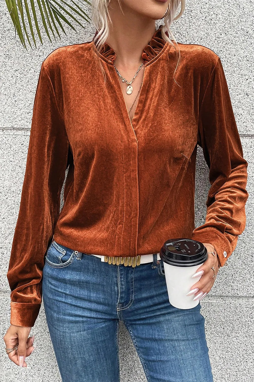 Notched Frill Detail Long Sleeve Blouse – Trendsi | ClozArt