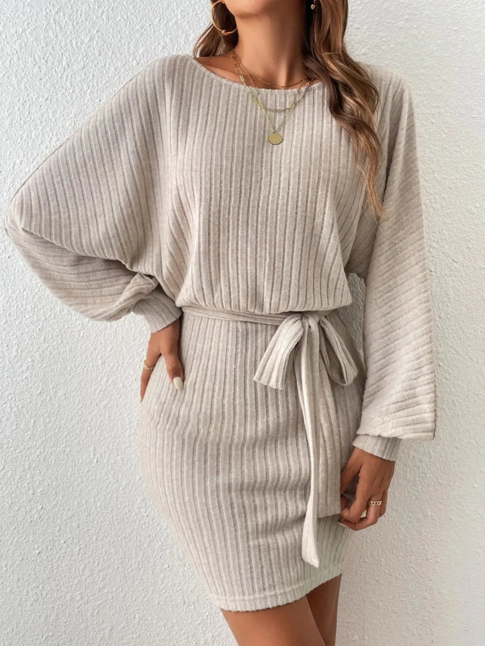 Round Neck Tie Waist Long Sleeve Mini Dress – Trendsi | ClozArt