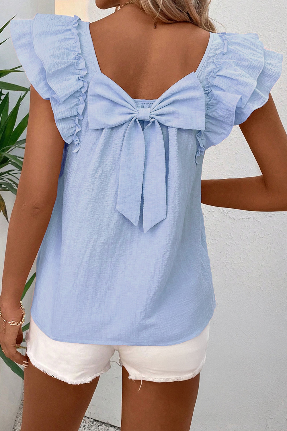 Beige Textured Bow Frilled Ruffle Sleeve Blouse – Shewin | ClozArt
