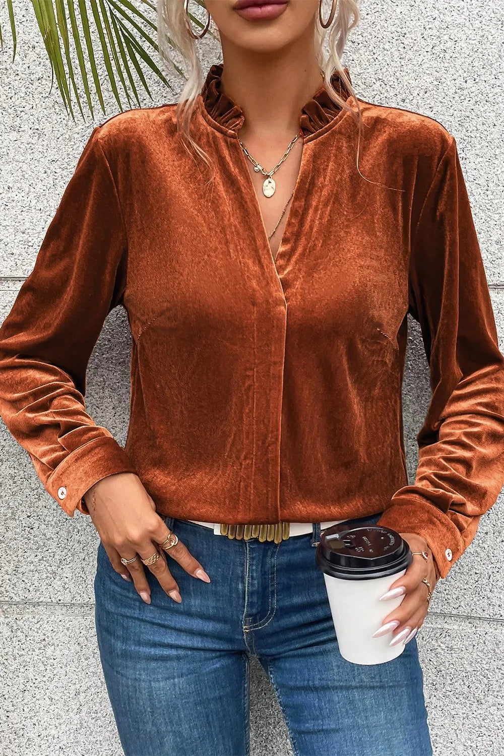 Notched Frill Detail Long Sleeve Blouse – Trendsi | ClozArt