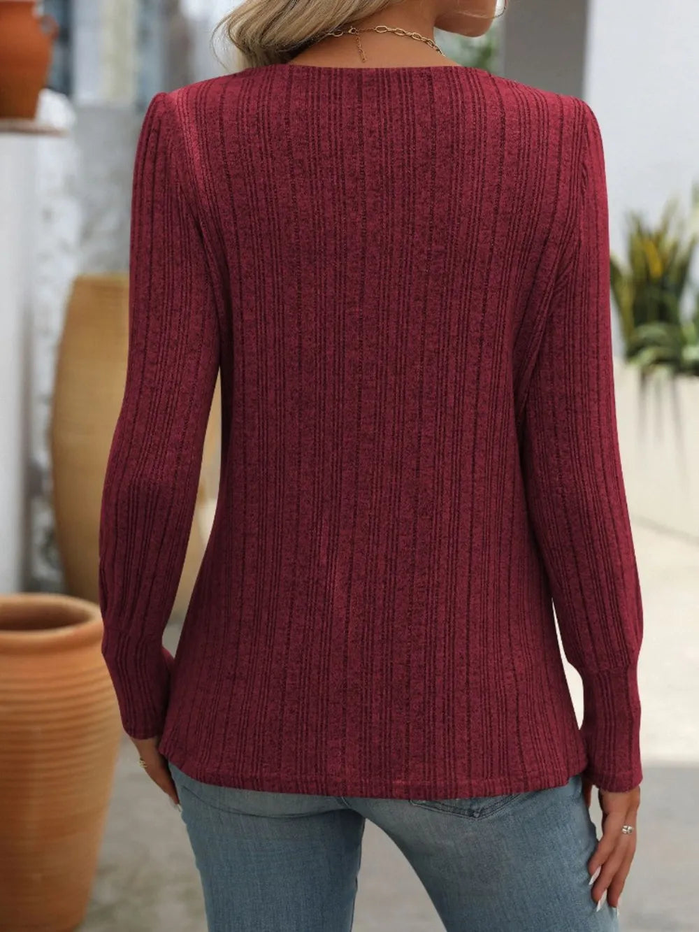 Mandy Decorative Button Striped Square Neck Long Sleeve T-Shirt – Trendsi | ClozArt