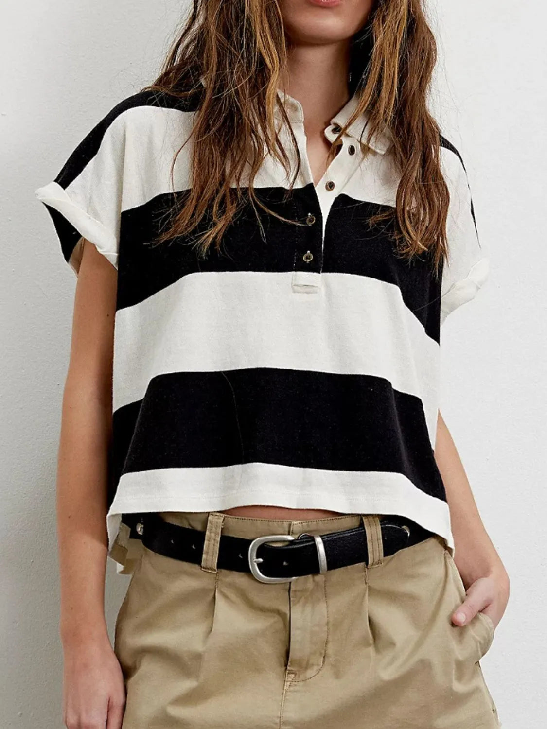 Striped Collared Neck Short Sleeve Top – Trendsi | ClozArt