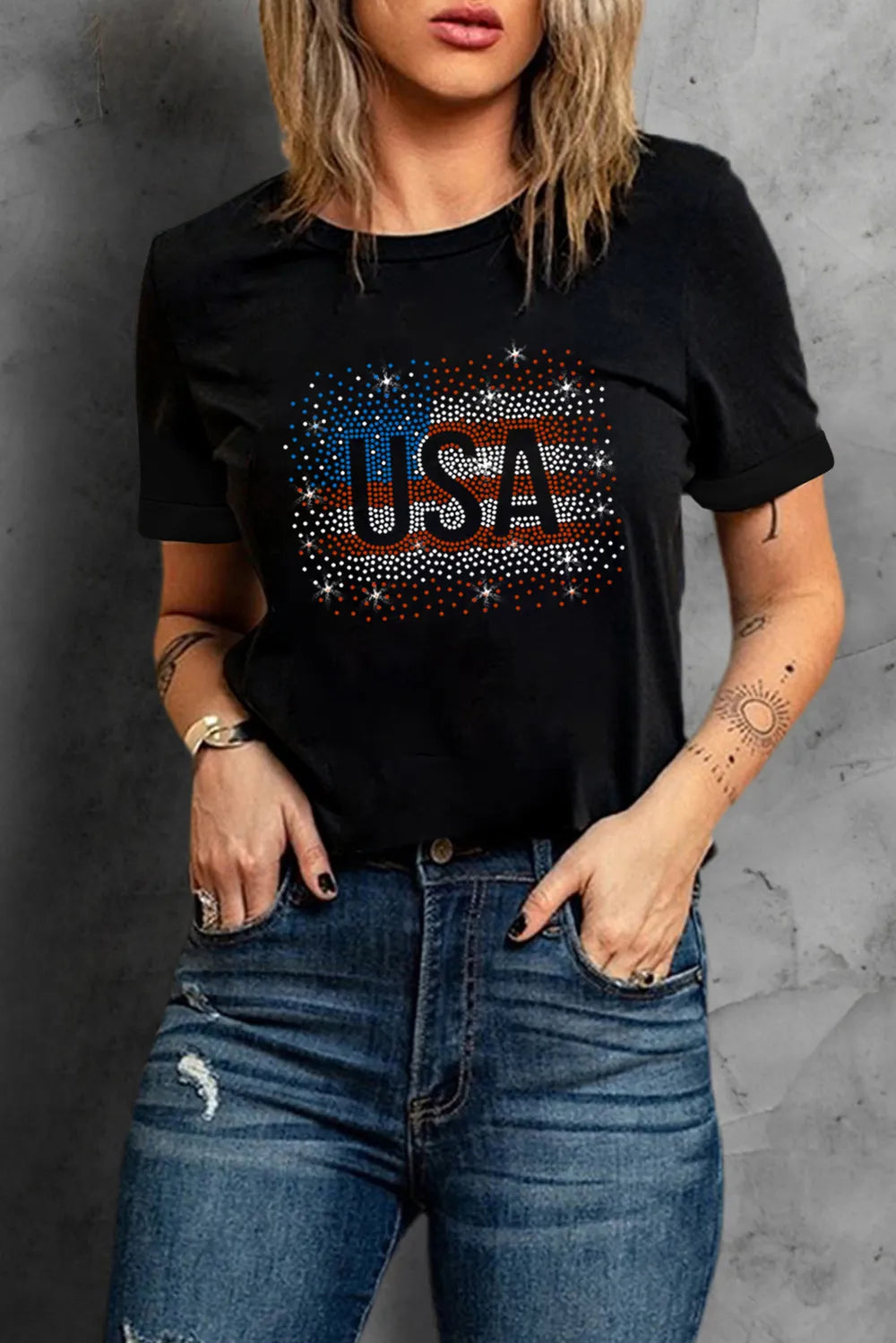 USA Rhinestone Round Neck Short Sleeve T-Shirt – Trendsi | ClozArt